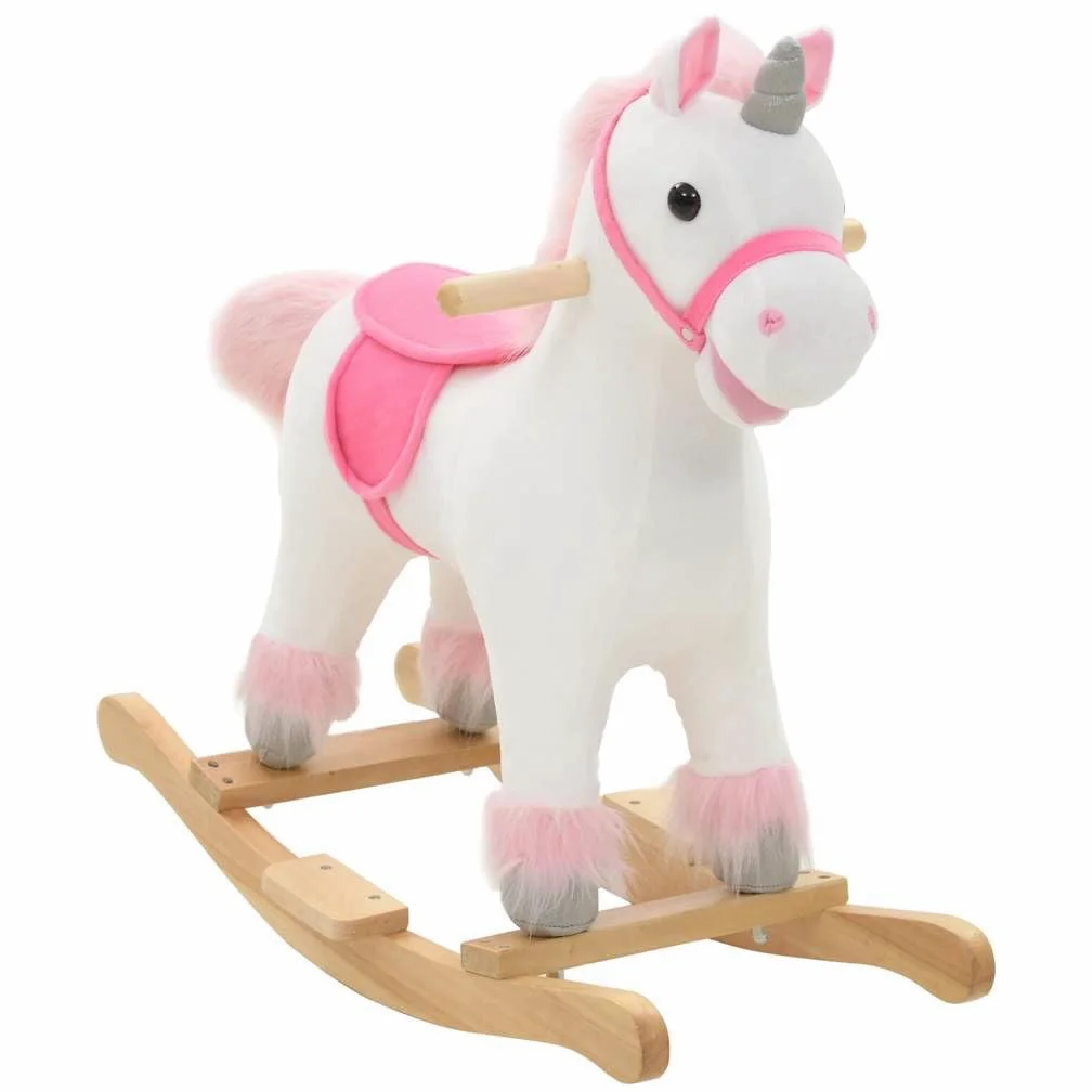 Unicorno a dondolo per bambini dai 2 anni in su, cavallo a dondolo in peluche con base in legno e telaio in metallo, morbido giocattolo a dondolo, bianco e rosa