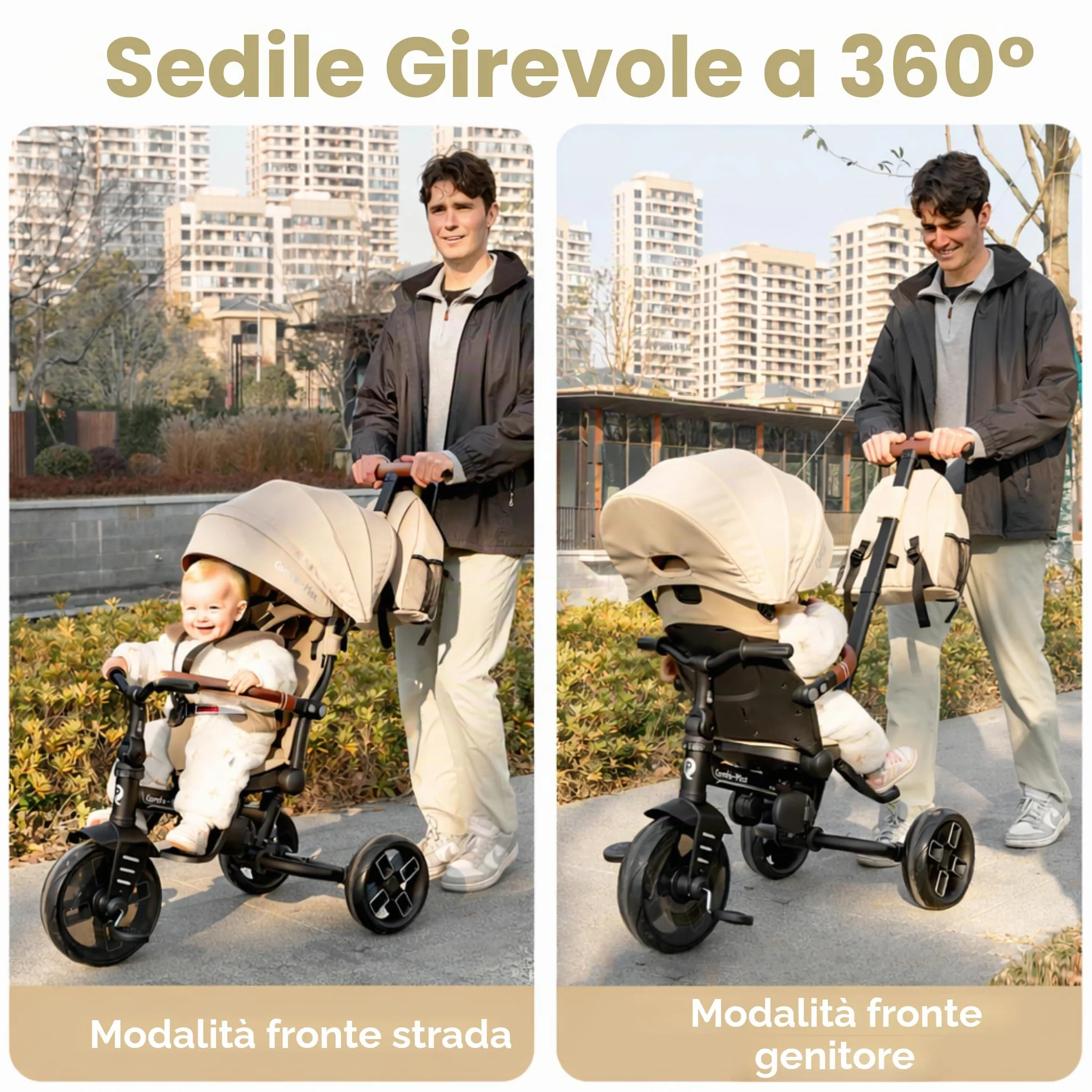 Qplay Triciclo Evolutivo COMFO MAX 6 in 1 nero | Triciclo Bebe 1 anno pieghevole in alluminio con seduta a 360°, reclinabile e capottina - per neonati da 10 a 72 mesi (beige)
