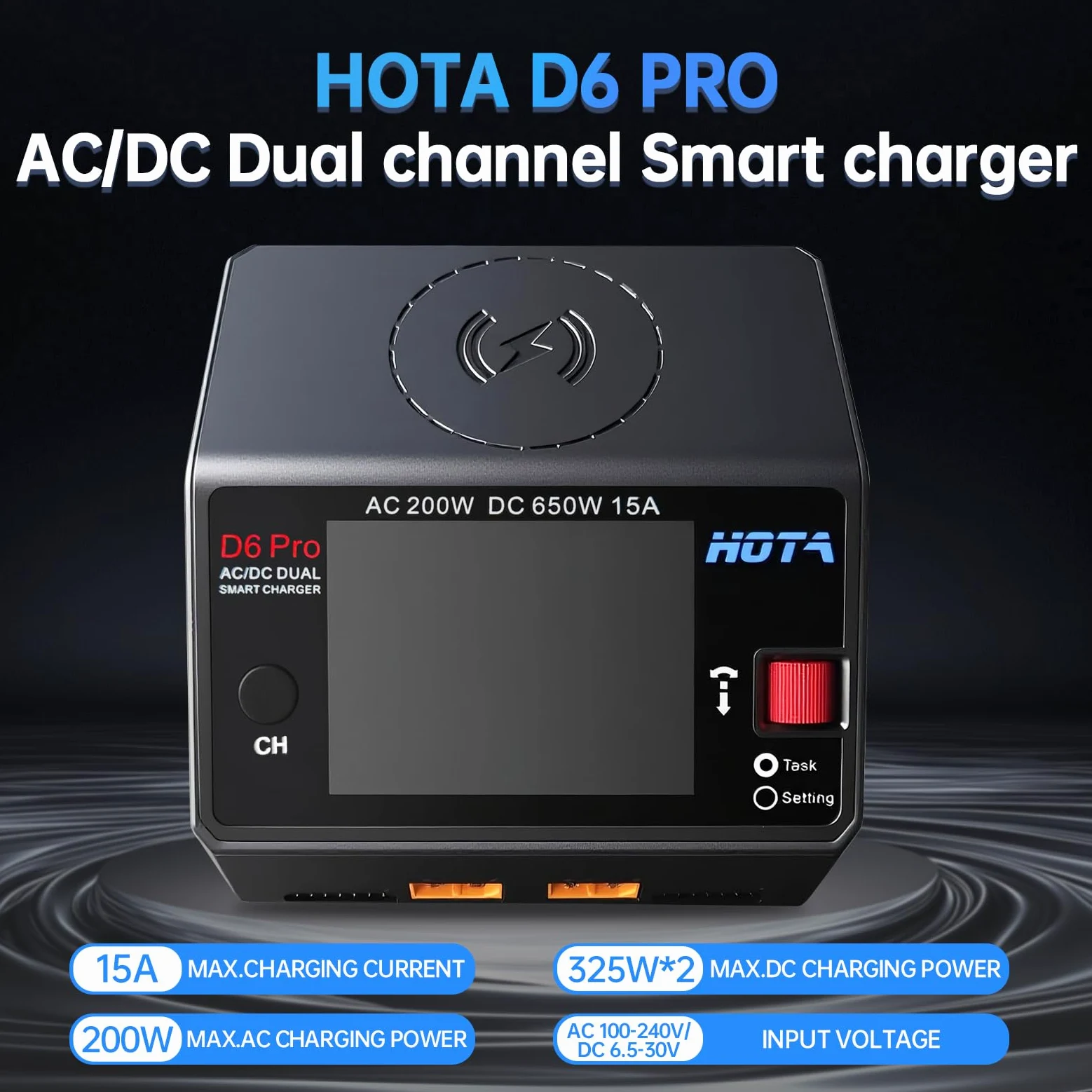 HOTA D6 Pro Lipo Caricabatterie intelligente a doppio canale AC200W DC650W 15A per LiHv Nicd NiMH Lipo RC Caricabatterie con Balance Phone Ricarica wireless RC Auto RC Barca FPV Race Drone Parti Nero