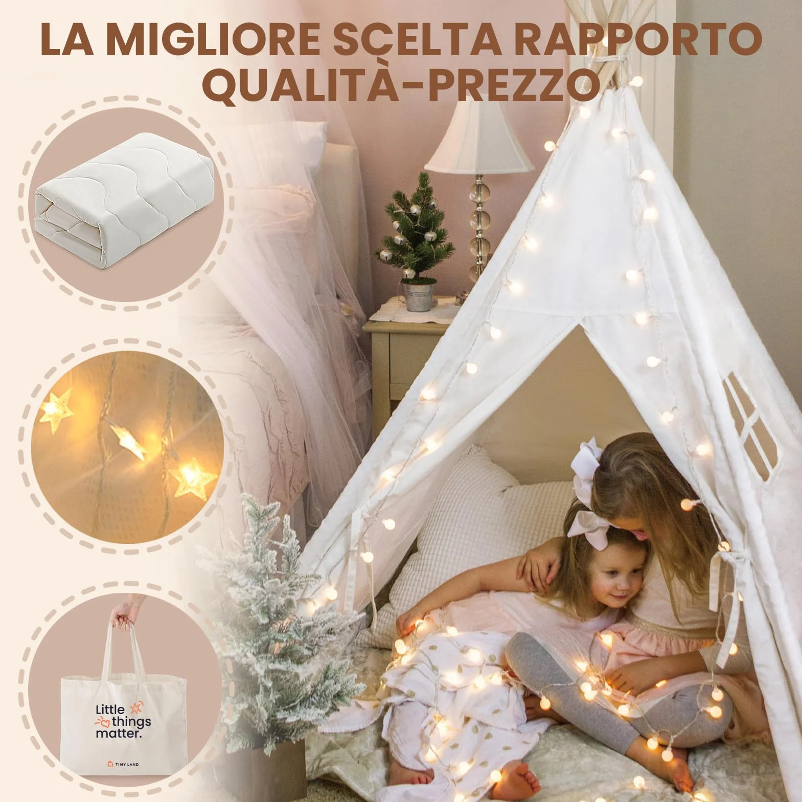 Tiny Land Tenda per Bambini con Coperta & Fata Luci & Borsa di tela - Tenda Indiana Bambini per Cameretta, Casetta Gioco Bambina & Ragazzo, Capanna Tipi Pieghevole Interno/Esterno, Regalo 3 Anni+