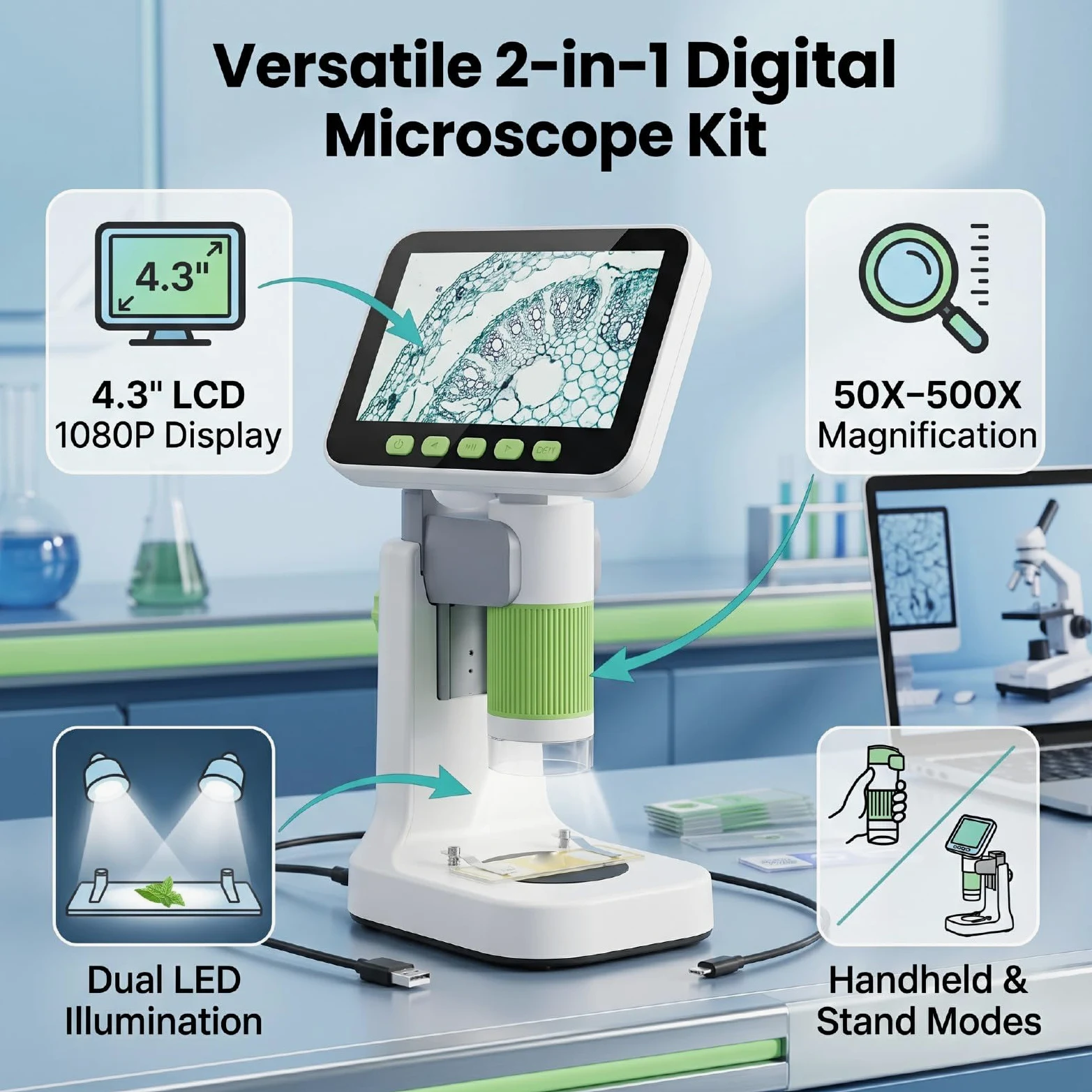 Tangxi Microscopio Digitale 2 in 1 Schermo IPS 1080P 4.3 Zoom da 50X a 500X con Scheda da 8 GB Doppie Luci a LED 5 Diapositive per L'esplorazione Scientifica dei Bambini