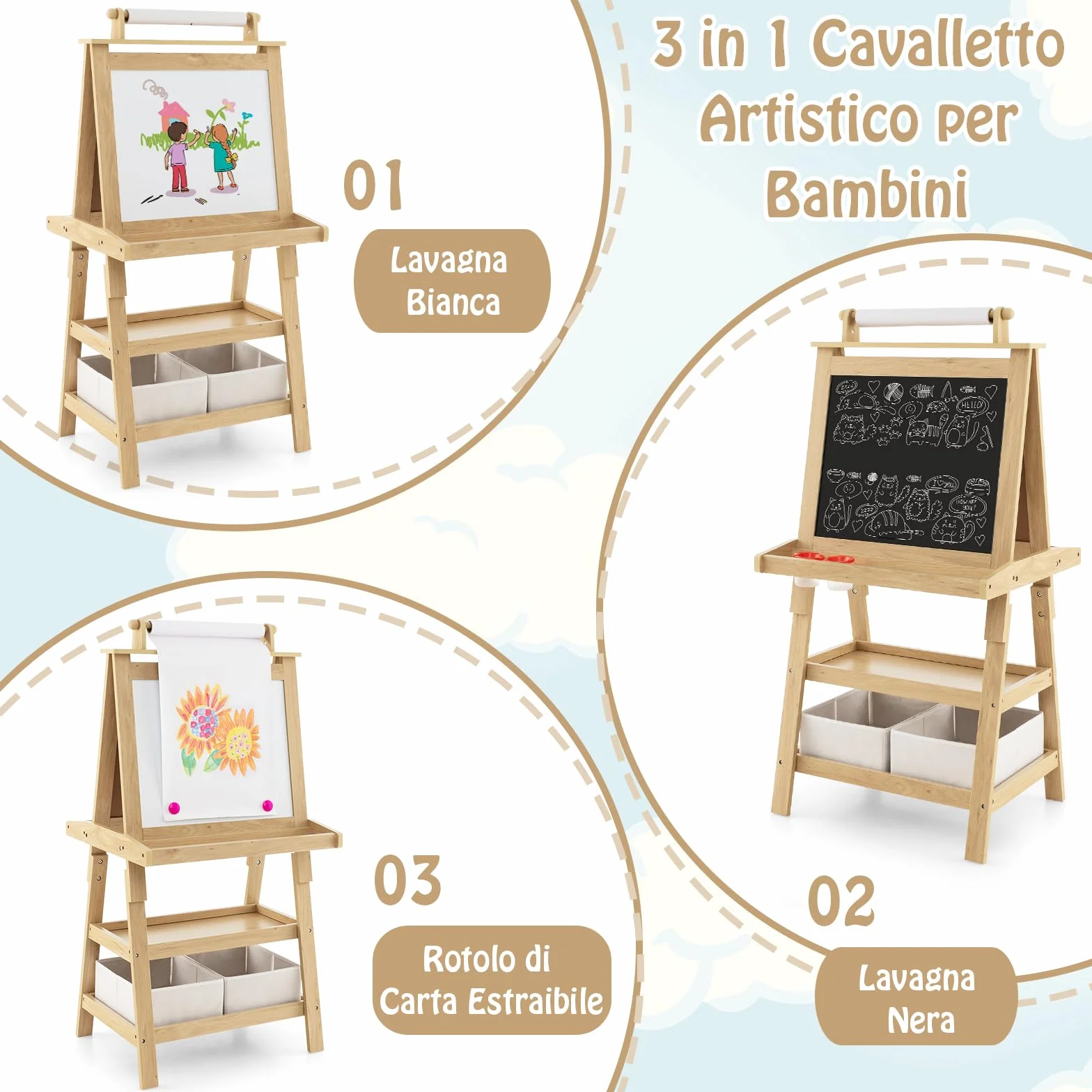 GYMAX Cavalletto per Bambini 3 in 1, Lavagna Magnetica Doppia Faccia, 59 x 50 x 117 cm