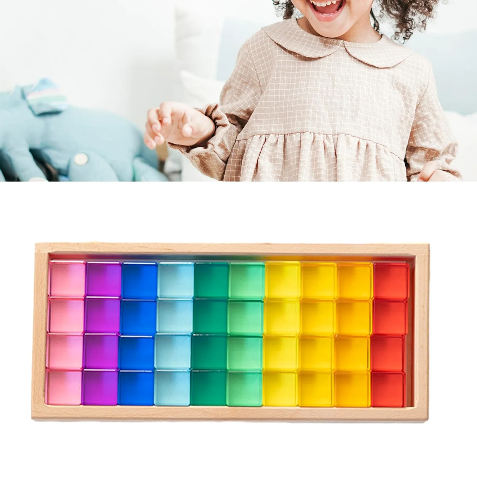 50 Pezzi Blocchi da Costruzione Cubi Arcobaleno Giochi Acrilico Trasparente con Scatola in Legno Adatto per Bambini Scuola, 40 Pezzi