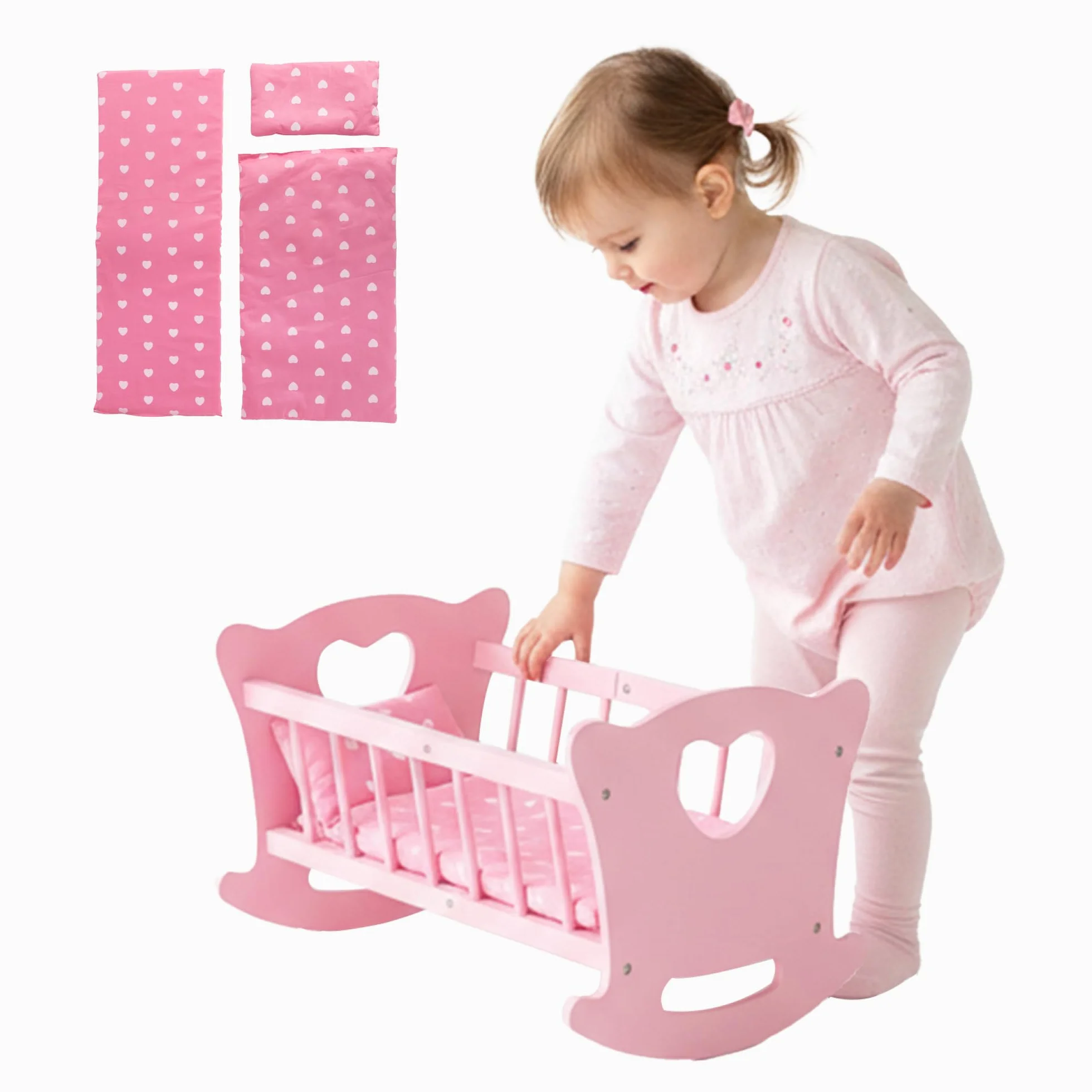 Kinderplay Culla per bambole in legno con biancheria da letto, letto a dondolo per bambole fino a 49,5 cm, giocattolo sostenibile in legno per ragazze dai 3 anni in su, letto per bambole con materasso