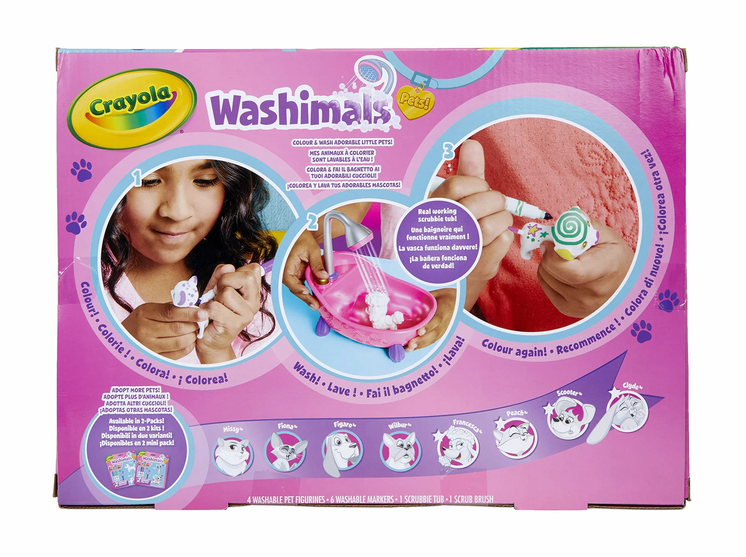 CRAYOLA Washimals Cuccioli vellutati da colorare 4 animali 6 pennarelli Vasca da bagno rosa spazzolina 3+ Anni