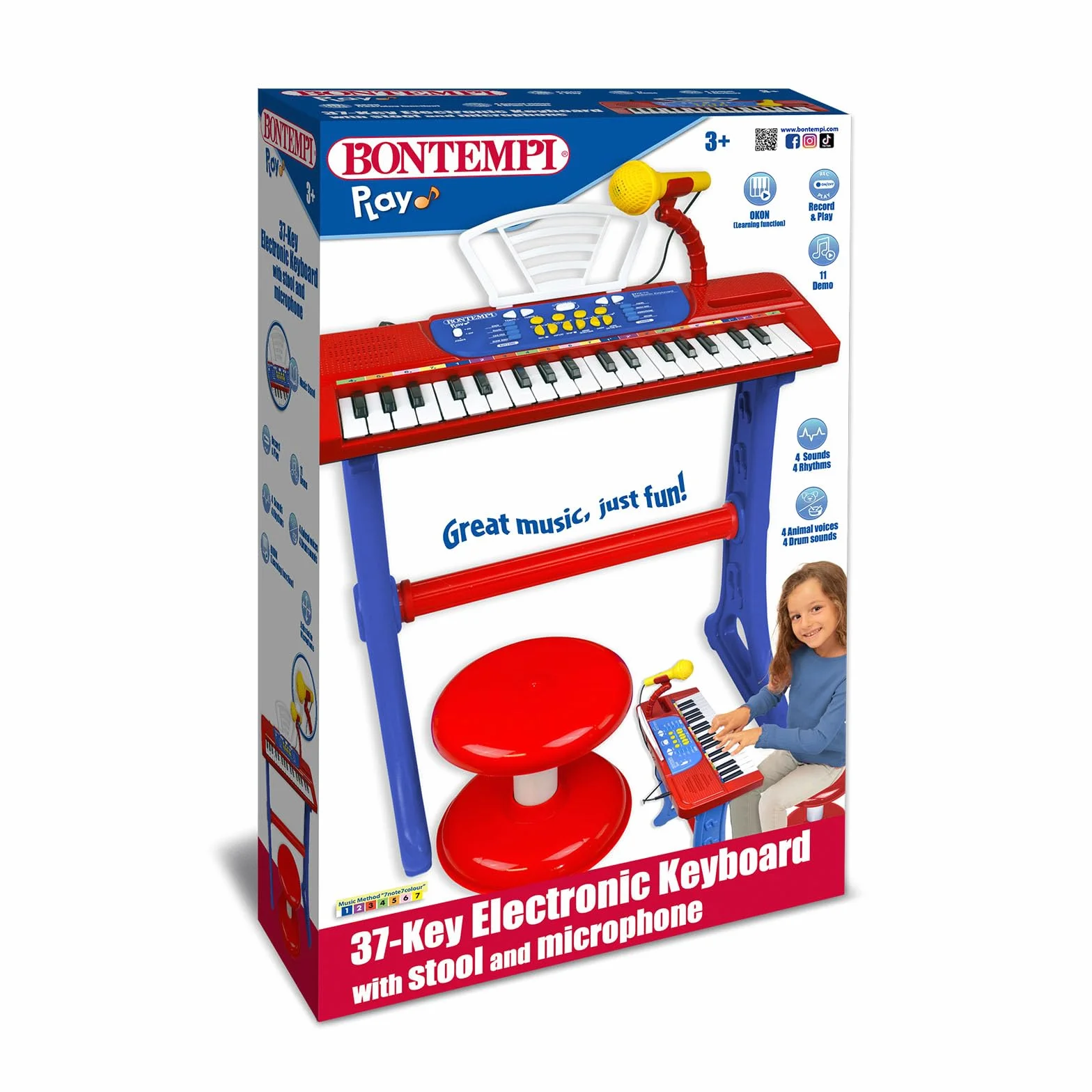 Bontempi | MiniKeyFun - Tastiera Giocattolo a 37 Tasti per Piccoli Musicisti con Microfono, Sgabello e Leggio, Blu e Rosso, 54,4x32,9x15,9 cm