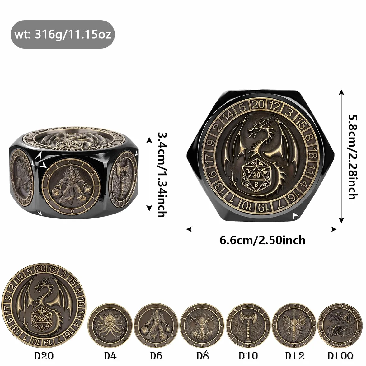 Set di Dadi Rotanti DND, 8 Facce Spinner Dadi in Metallo, Design a Rilievo 3D, Dadi Poliedrici Girevoli, Regalo D&D con Scatola Logo Drago, MTG, Giochi da Tavolo, Accessori per Giochi di Ruolo, Nero