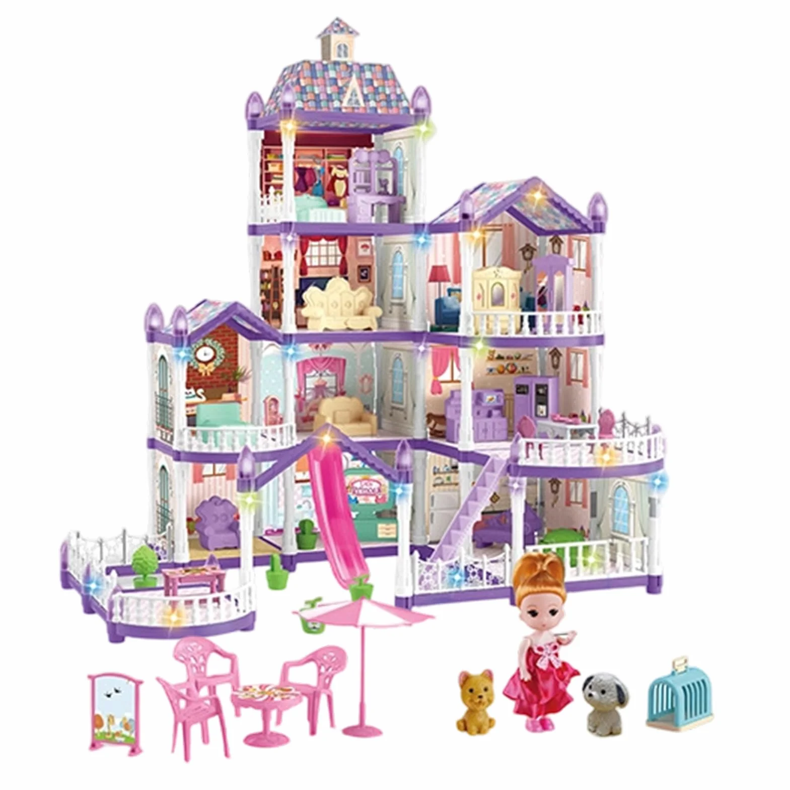 Casa Di Bambole Per Bambine | Villa In Miniatura Assemblabile Con 4 Piani E 13 Stanze | Piccola Casa Delle Bambole Con 3 Principesse 2 Cuccioli E Arredo - Per Bambine 4-6 Anni Gioco di Imitazione