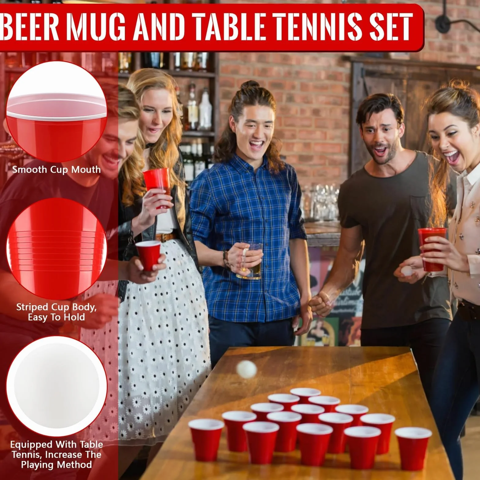 Set di Bicchieri da Birra Pong, 50 Bicchieri Beer Pong(500ml) e 6 Palline da P ing Pong, Bicchieri riutilizzabili, per Giochi di bevute, Feste, Compleanni, Festival, Matrimoni, Campeggio(Rosso)