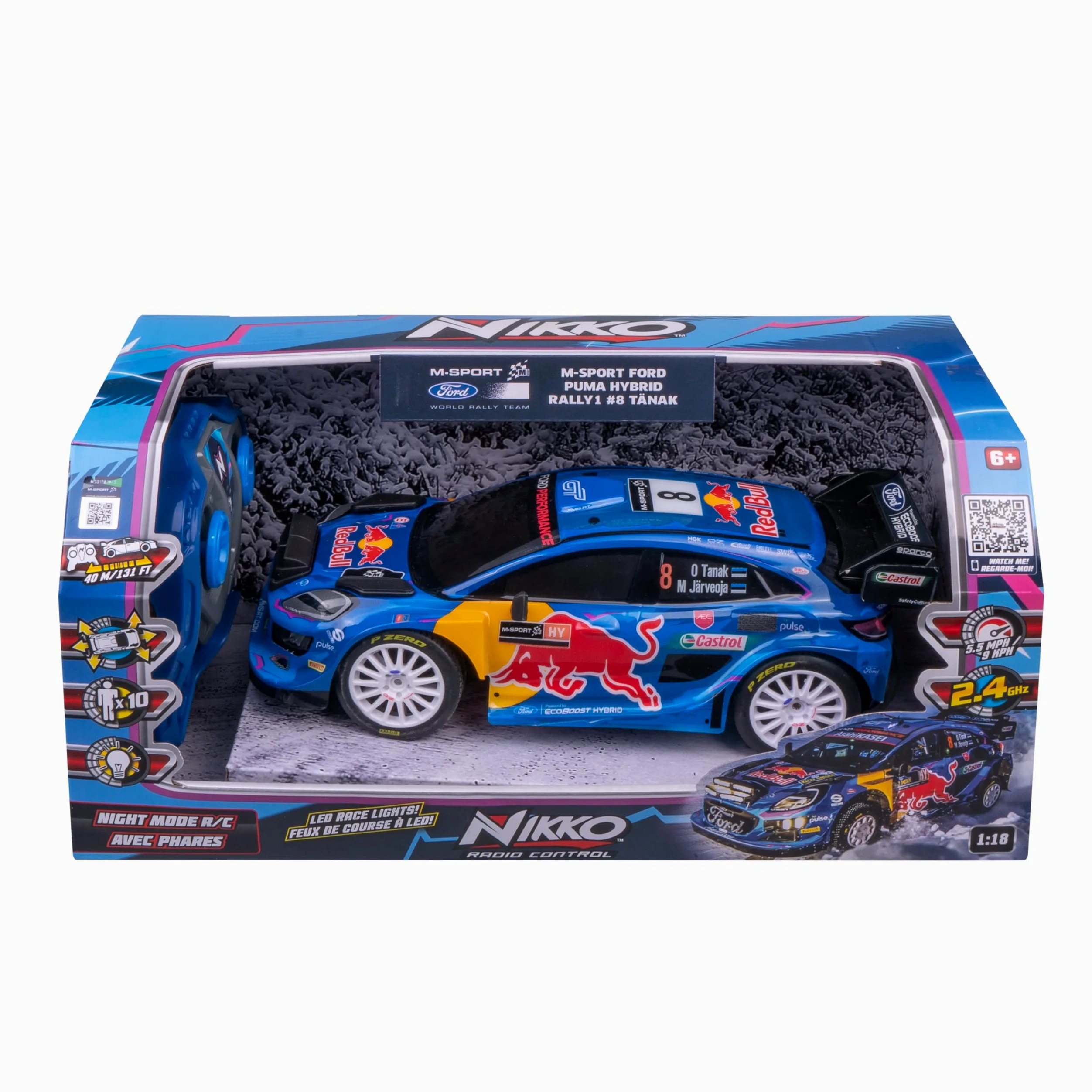 Nikko RC 10393 Night Mode M-Sport Ford Puma Hybrid #8 Tänak, auto telecomandata con fari LED, 25 cm, telecomando 2,4 GHz, portata 40 m, per bambini dai 6 anni in su, blu