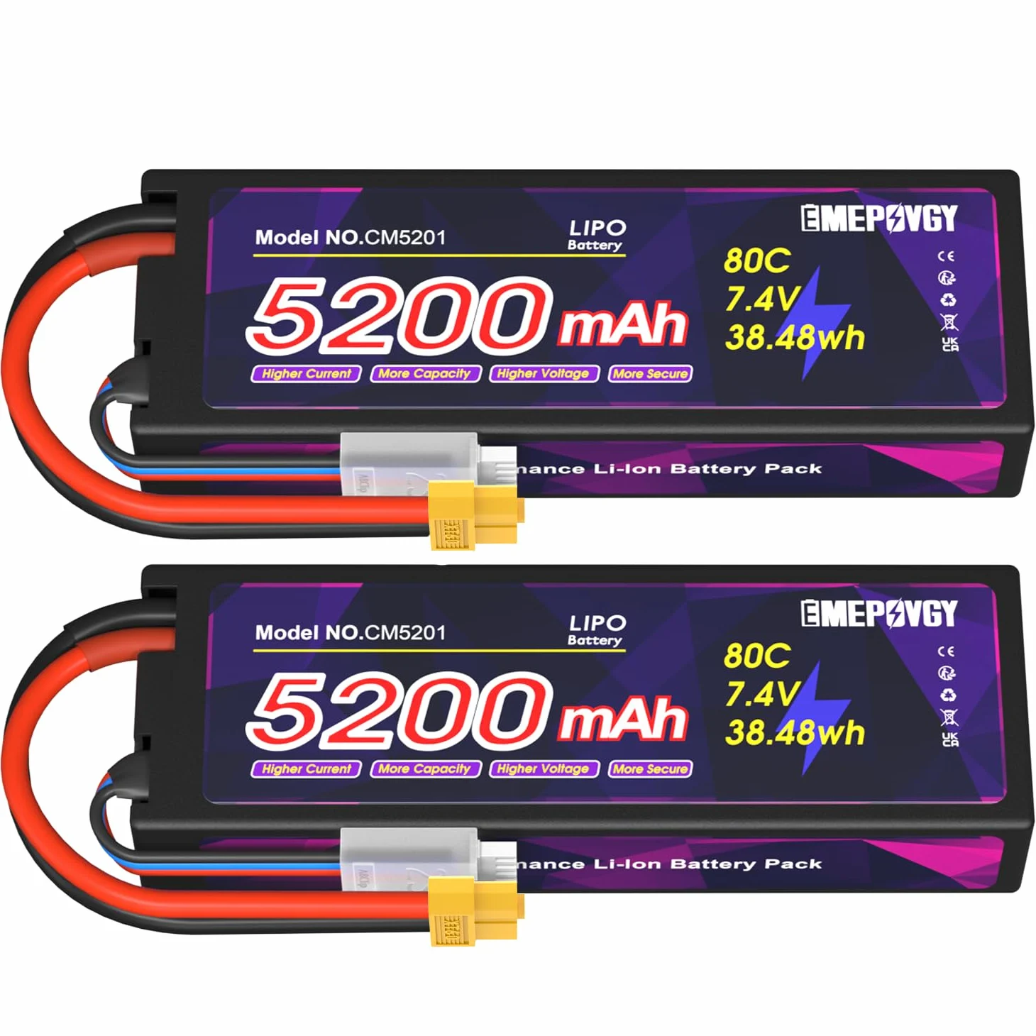 Batteria Lipo da 7,4 V 2S 5200 mAh 80C Lipos custodia rigida con connettore XT60 per auto RC camion 1/8 1/10 RC veicoli (2 confezioni)