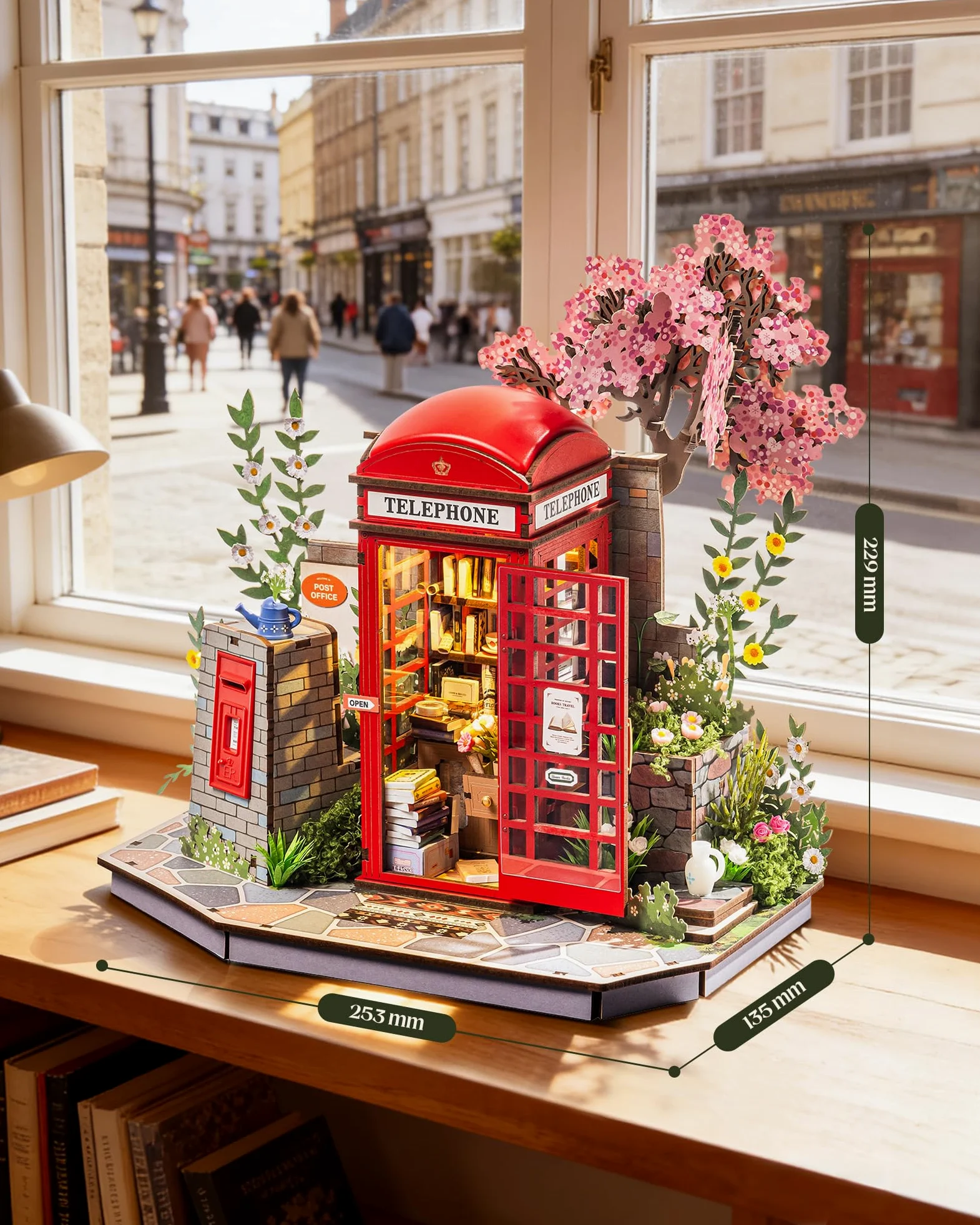 Rolife Puzzle 3D in Legno Cabina Telefonica Rossa di Londra Blossom Chiosco di Libri Modellino Fai da Te per Adulti con Luci LED Decorazione per la Casa Idea Regalo Creativa per Viaggiatori