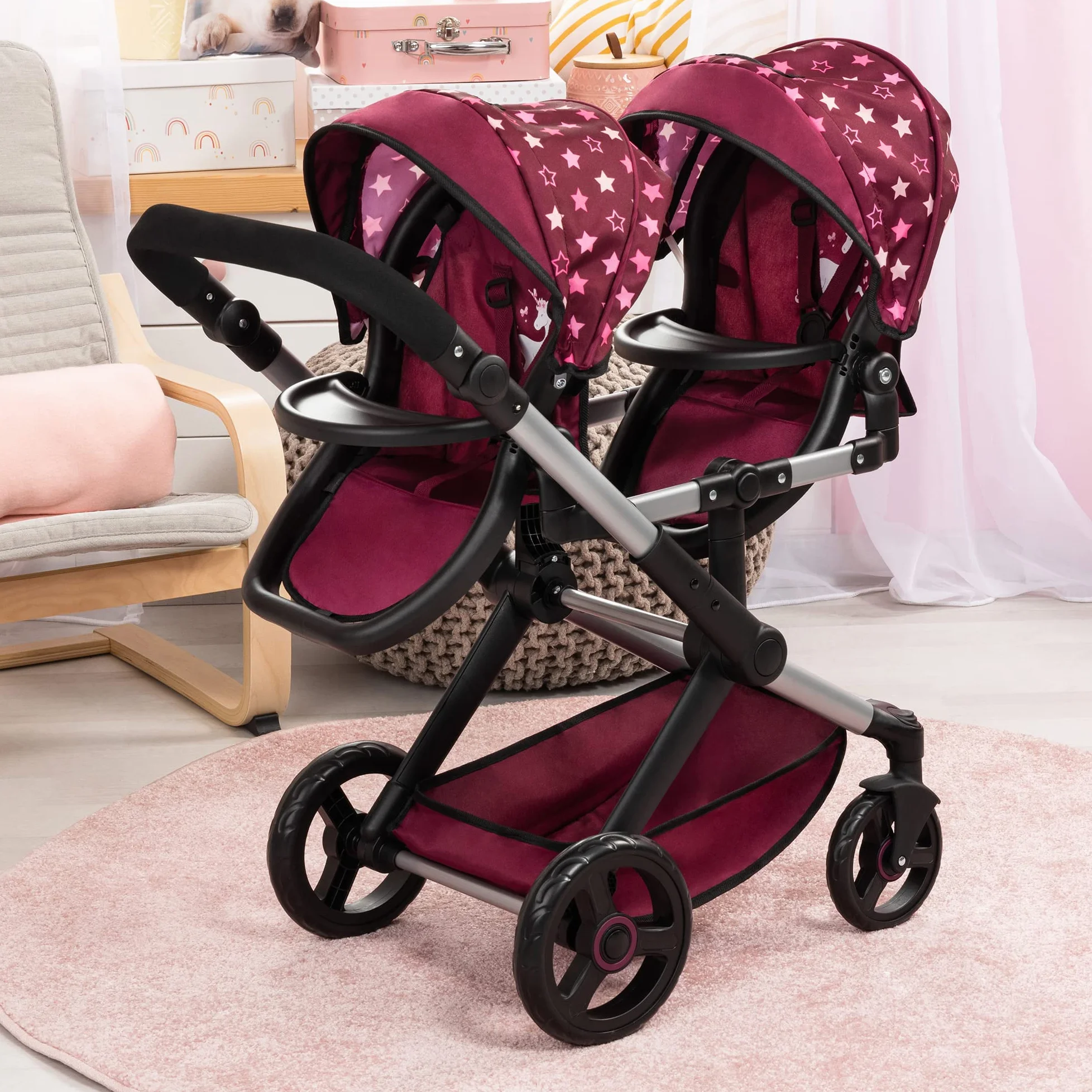 Bayer Design 26723AA Carrozzina gemellare Twin Xeo, carrozzina per bambole doppia, regolabile in altezza, borsa, bordeaux, rosa, stelle