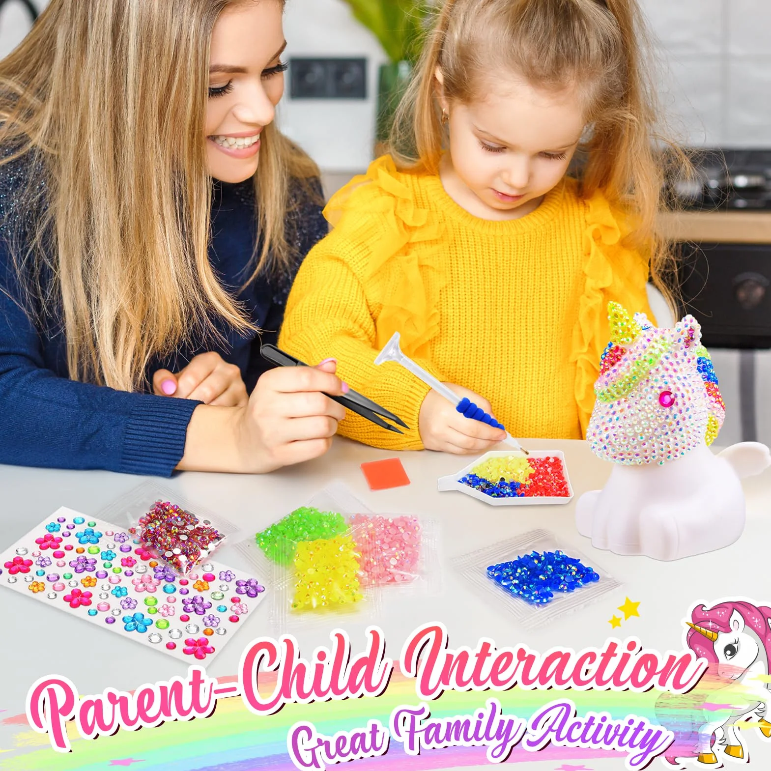 HappyGoLucky Set di luci a forma di unicorno, fai da te per ragazze, regalo per bambine dai 3 ai 10 anni, 4D Diamond Painting LED