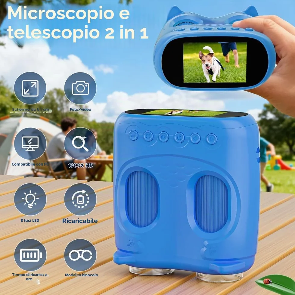 2 in 1 Microscopio Bambini e Telescopio, Temodu Microscopio Digitale da 2.0‘’, Elettronico Portatile Telescopio 10X con 8 luci LED, può essere utilizzato come regalo di compleanno o di Natale (Blue)