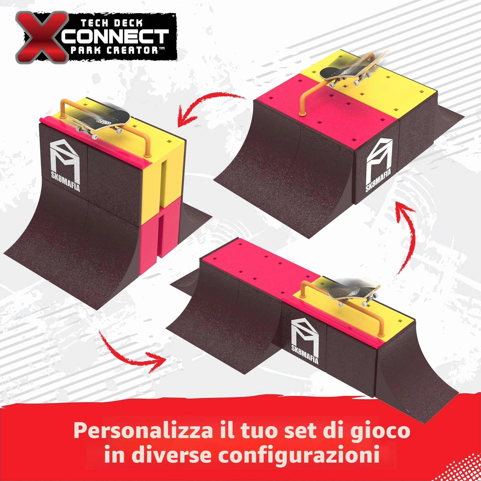 TECH DECK - FINGER SKATE - STARTER SET X-CONNECT SK8MAFIA VERDE WALL - Tech Deck Skatepark 100% modulabile da costruire e personalizzare + 1 esclusivo Finger Skate - Mini skate - Giocattolo per