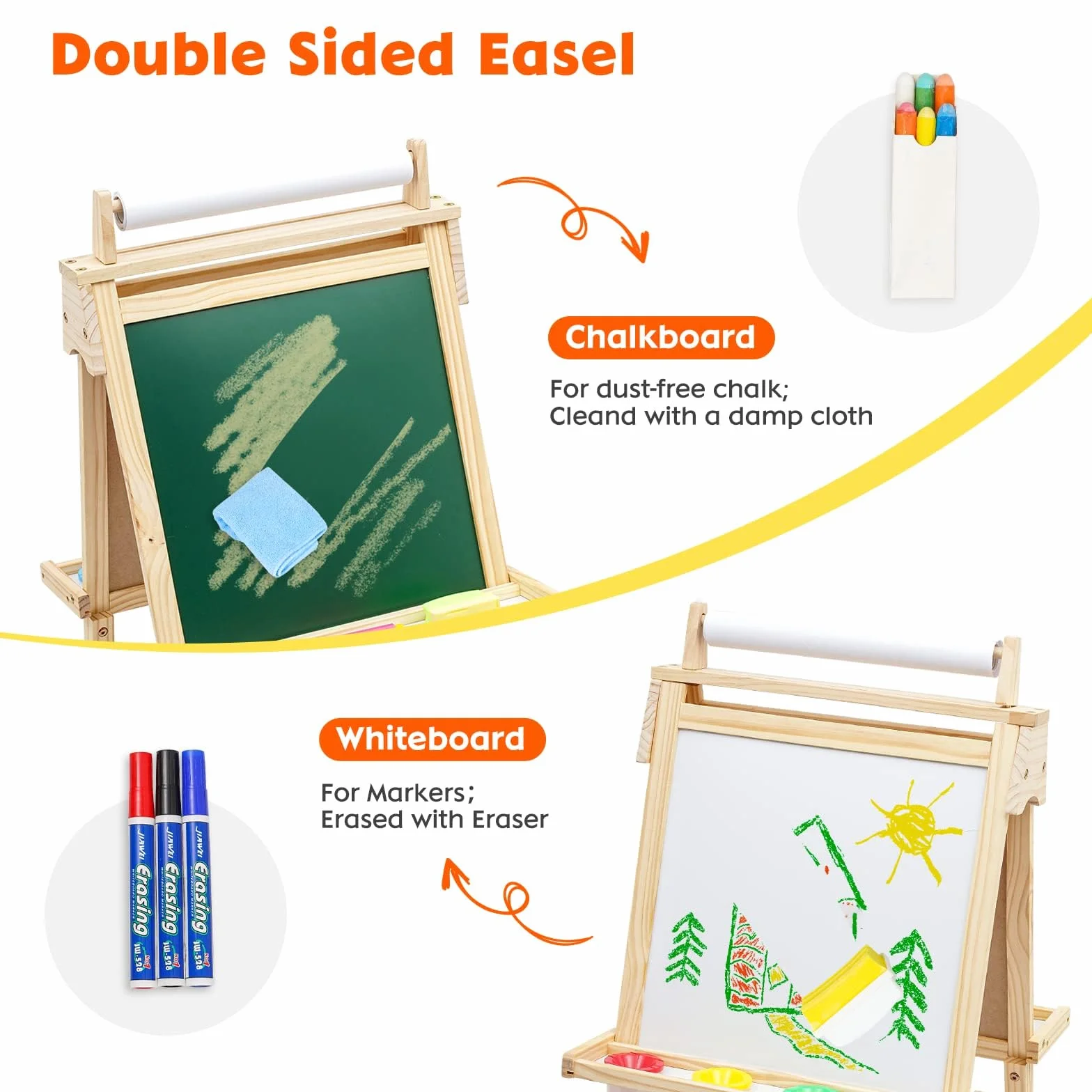 Lavagna per Bambini 3 in 1 Cavalletto in Legno Pittura in Regolabile Altezza, Lavagna Doppia Faccia, Lavagnas Multiattività con Rotolo di Carta, Numeri e Altri Accessori, Giocattolo Educativo 3+ Anni