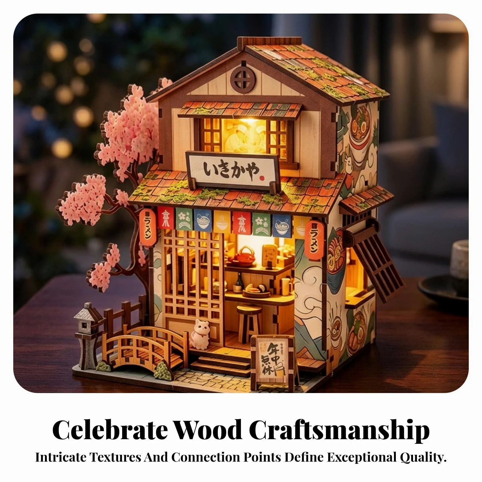 Miniatura Edificio Blocchi Costruzione Kit Modello Casa Vetrina Ornamento Tavolo Illuminazione Calda Legno con Tetto a Strati Finestre a Porta Insegna