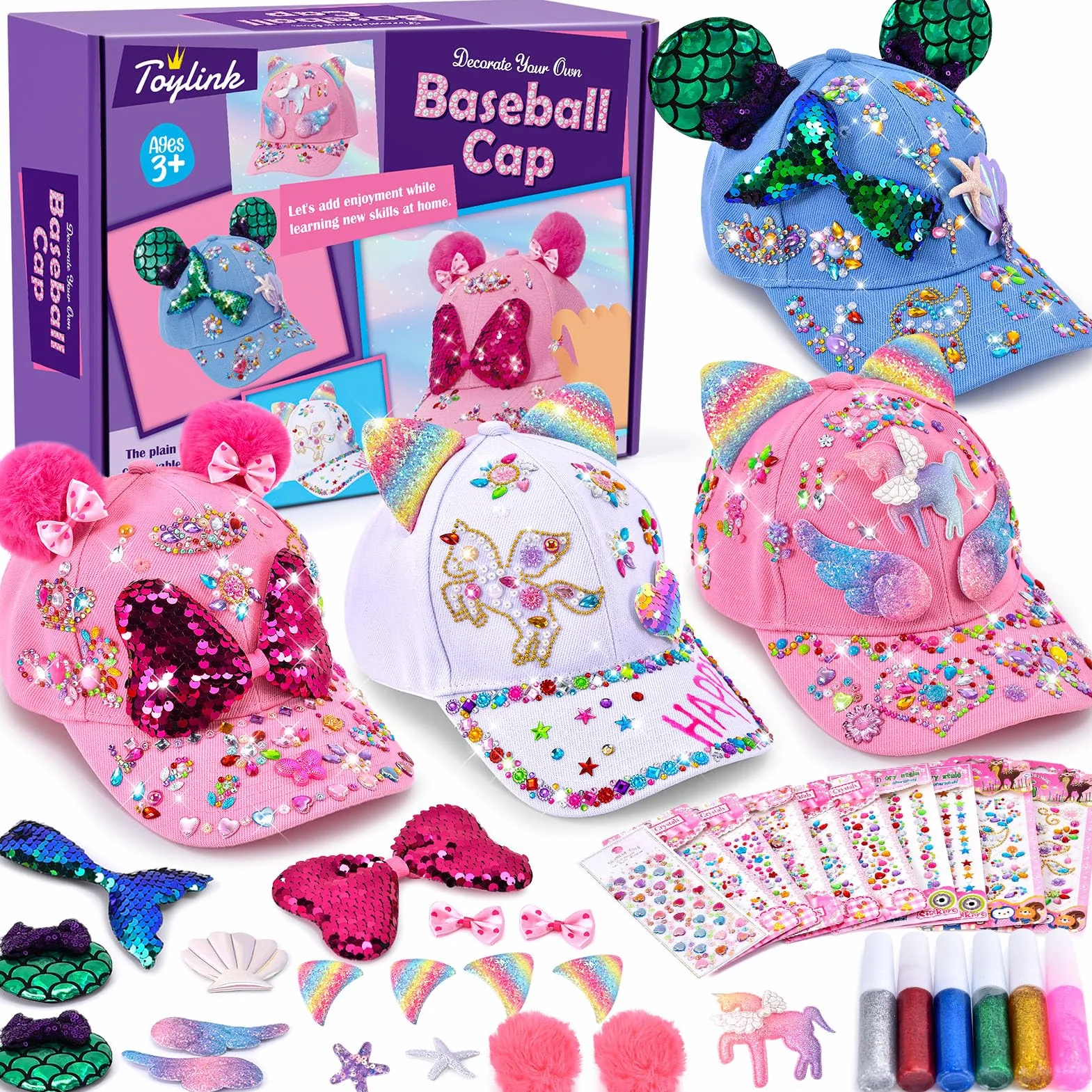 vamei Regalo per Ragazza 4 5 6 7 8 9 10 11 Anni Fai Da Te Cappellino da Baseball DIY Berretto con Adesivi per Unicorno Strass Decora Cappellino da Baseball Regali di Compleanno Ragazza