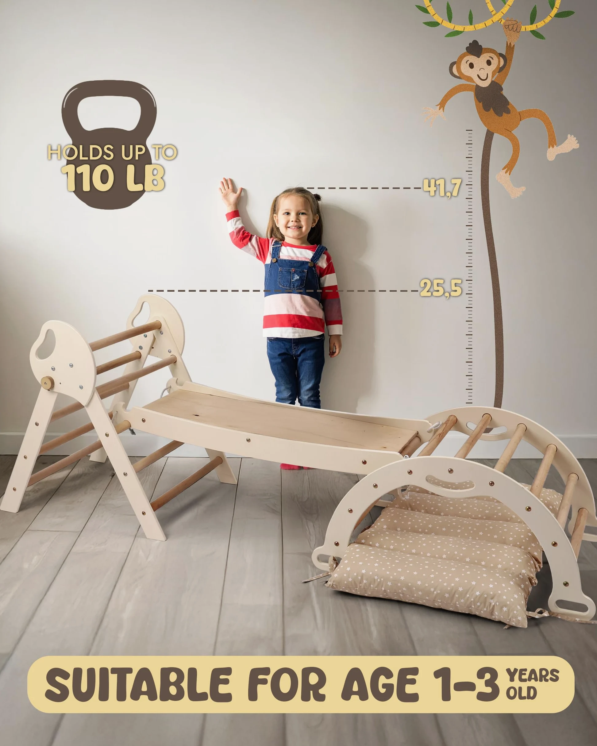 Goodevas 5-in-1 Struttura da Arrampicata per Interni in Legno con Scivolo – Triangolo Montessori per Bambini da 1 Anno, Parco Giochi per Interni, Giocattolo da Arrampicata per Bambini Triangolo