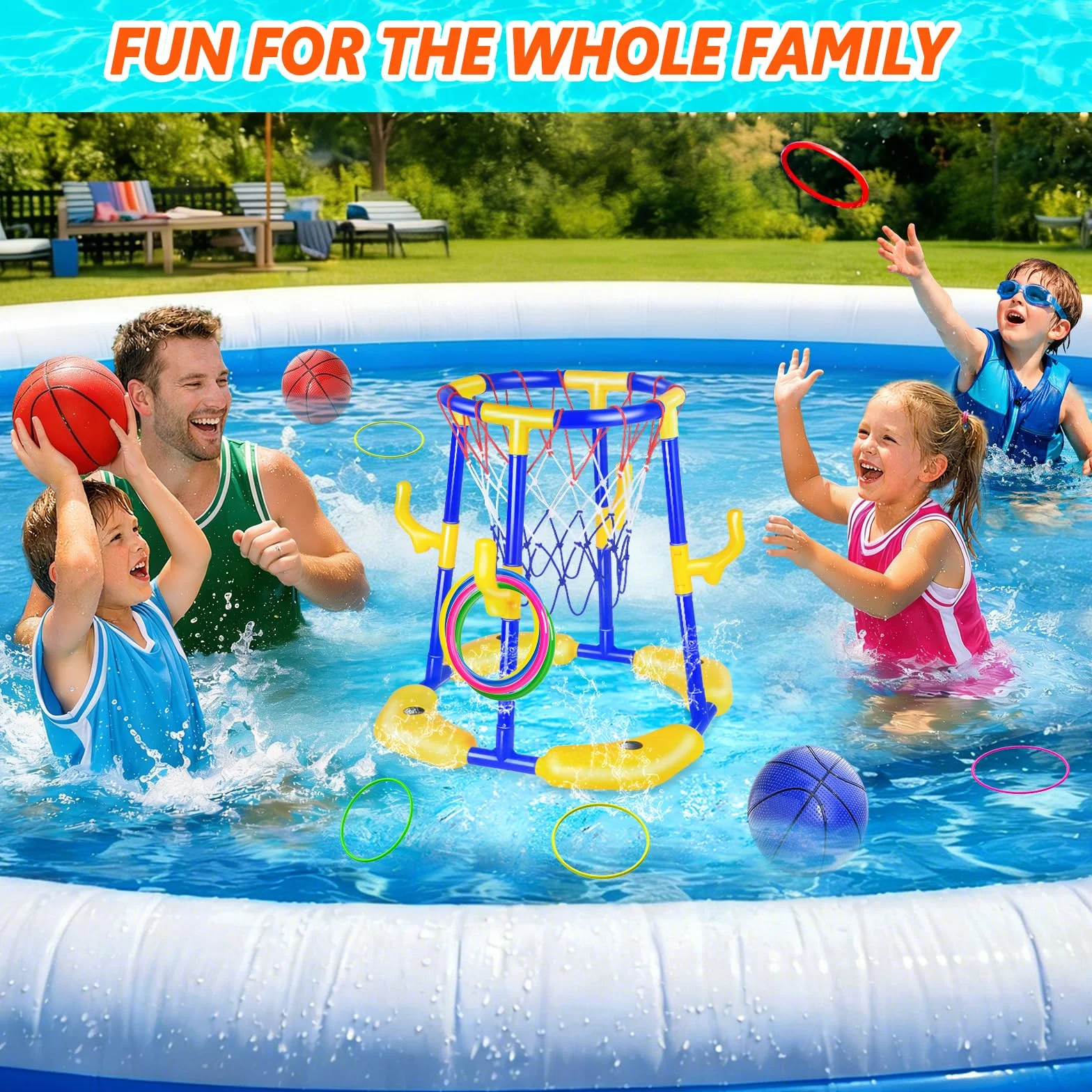 Set di canestro da basket per piscina Doviden _ Canestro da basket galleggiante per piscina con 4 palline da acqua, pompa e anelli, giocattolo da piscina 2-in-1 per adulti per adolescenti/bambini per