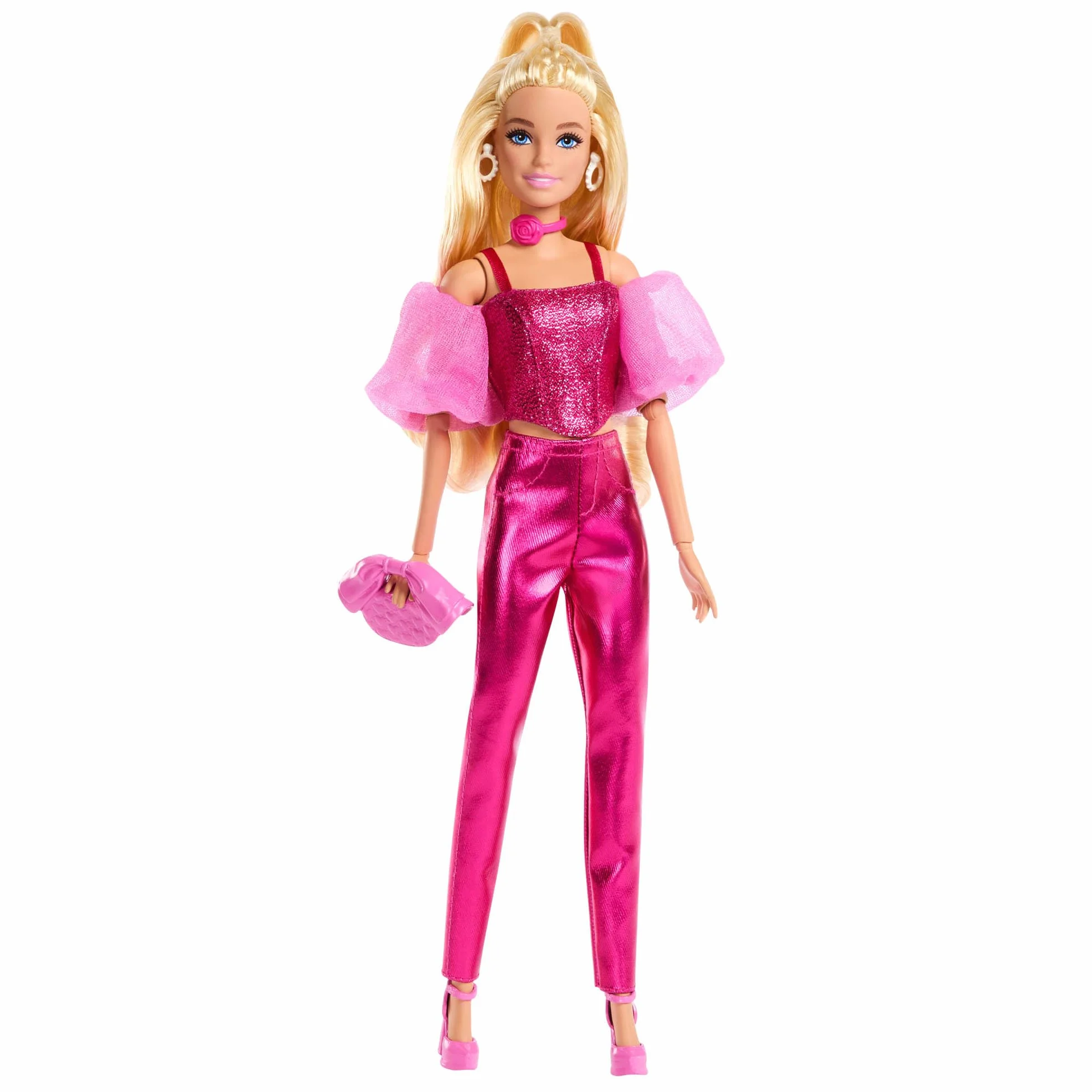 Barbie - Deluxe Style n. 5, bambola con abito rosa metallizzato e capelli biondi, top a corsetto scintillante e pantaloni lucidi, accessori inclusi, giocattolo per bambini, 4+ anni, JFP40
