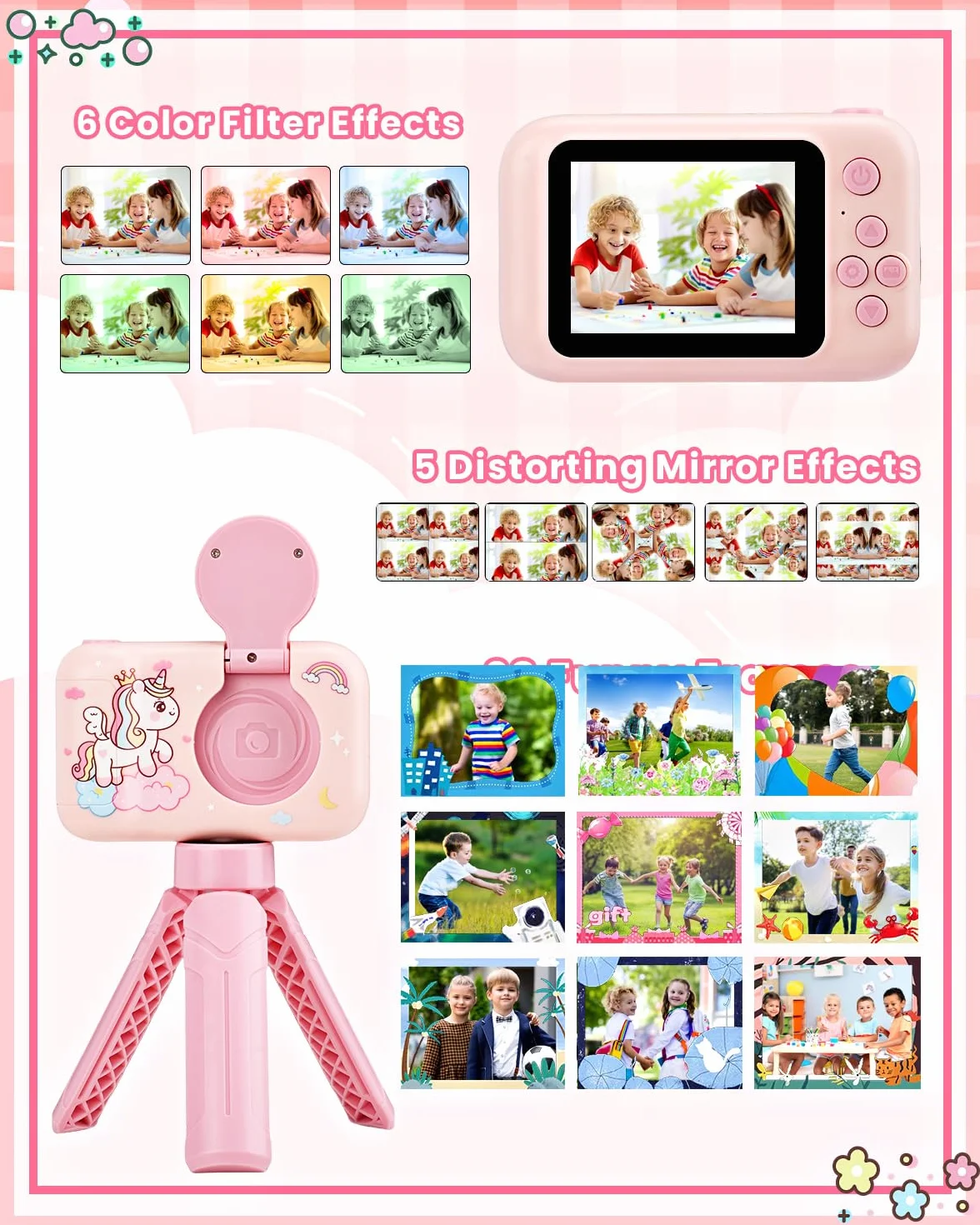 Fotocamera Bambini 1080P Digitale Unicorno Treppiede Display IPS 2.4" Obiettivo Rotante 180° 32GB Regalo Natale Compleanno