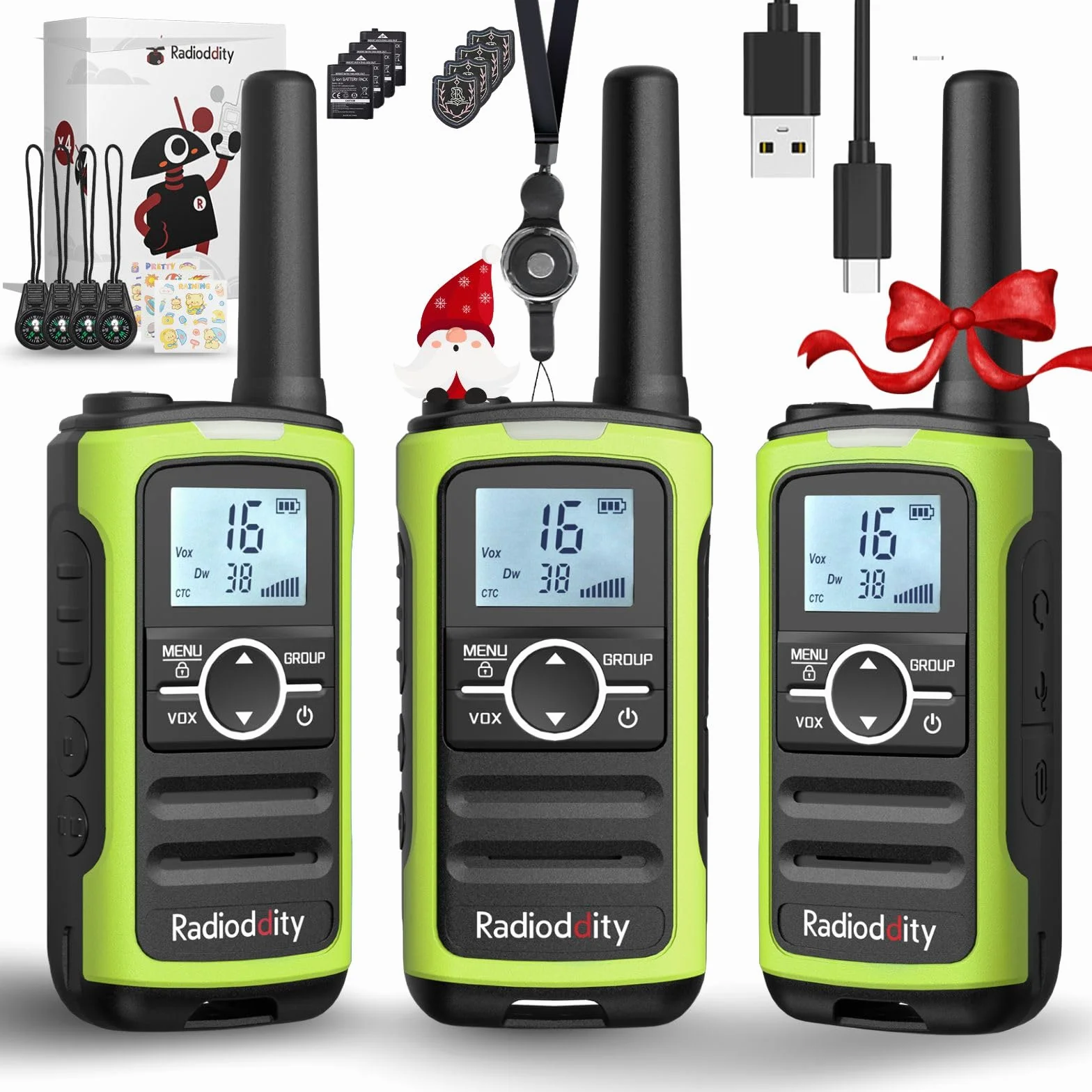 Radioddity PR-T8 Walkie Talkie per bambini, radio PMR446 ricaricabile a lungo raggio con chiamata di gruppo, batteria da 2000 mAh, ricarica USB-C, per escursionismo e campeggio, confezione da 3 pezzi