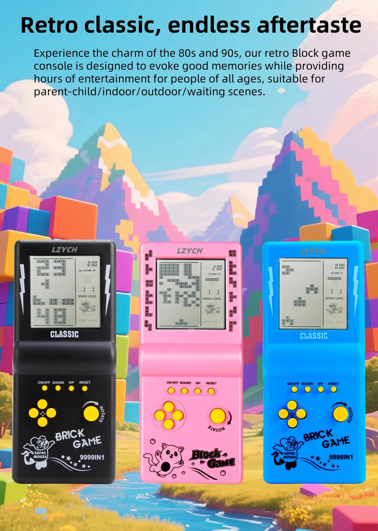 Console di Gioco in Mattoni 23 Gioco retrò Blocchi/Corse/Carri Armati Difficoltà Regolabile 2 Batterie AA Alimentate Bambini/Studenti Compleanno/Regalo di Natale Giocattolo Puzzle (Rosa)