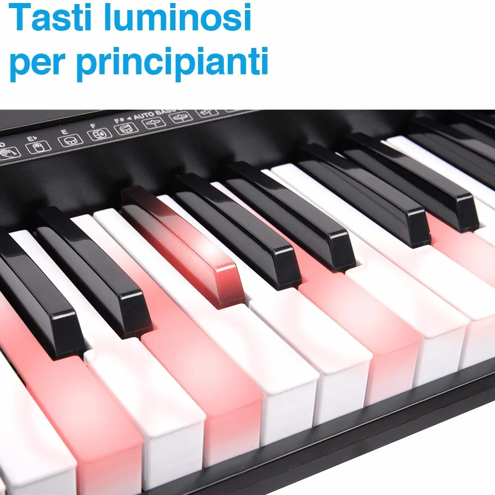 Bakaji Tastiera Musicale Pianola Elettronica 61 Tasti Luminosi Pianoforte Multifunzione con Supporto Sgabello e Cuffie 255 Ritmi50 Brani Ingresso AUX e Leggio per Smartphone/Tablet