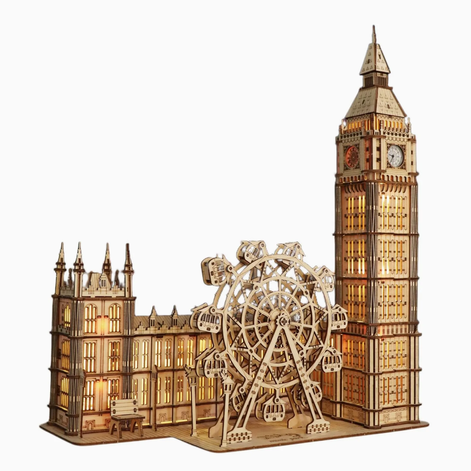 Music Park Puzzle 3D Legno Big Ben Con London Eye - Kit Modellismo Da Costruire Adulti, 3 Modalità Di Luce, Passatempo Per Adulti, Puzzle in Legno Per Adulti, Migliori Regali Di Compleanno