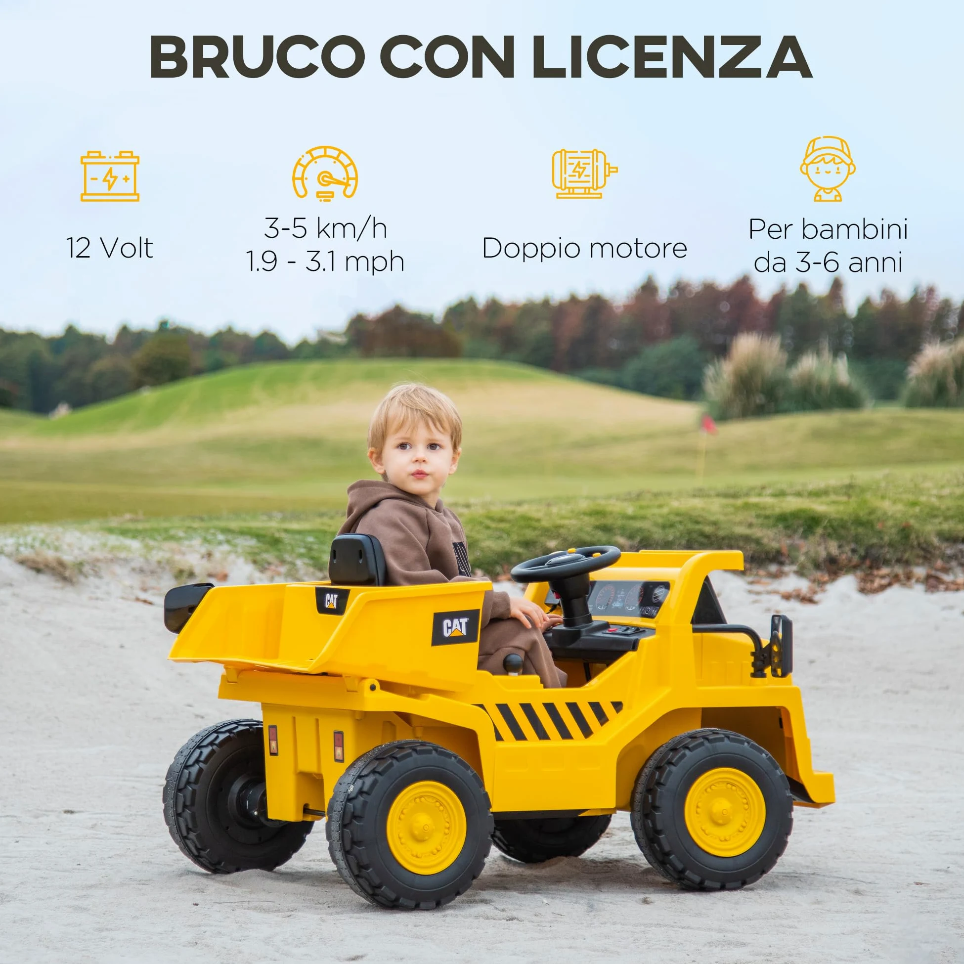 AIYAPLAY 12V Camion Giocattolo Licenza Caterpillar con Musica Giallo | Macchina Elettrica per Bambini, Telecomando, Fari, Secchio e Pala, Escavatore in PP e Metallo