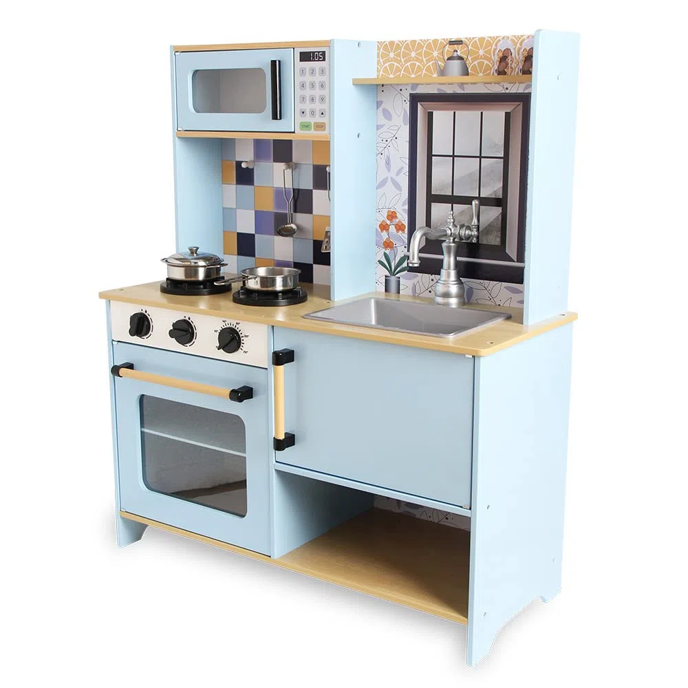 DEQUBE - Cucina in legno, 2 moduli, design moderno, cucina giocattolo con luci e suoni, contiene accessori metallici per il gioco, dimensioni 72 x 30 x 85 cm, colore blu (913D00013)