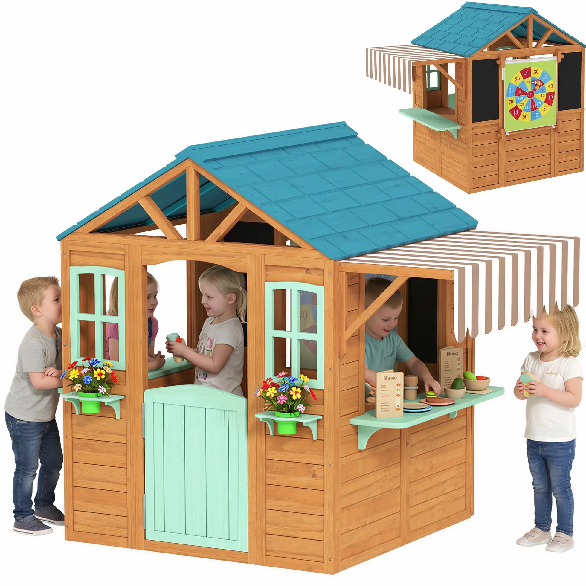 AIYAPLAY Casetta da Giardino per Bambini in Legno Abete, Casetta per Bambini Esterno, Finestra, Snack Bar, Mezza Porta, Portavasi, Telo Bersaglio, 4 Palline, Lavagna, 3-6 Anni, 142x120x141.5cm, Giallo