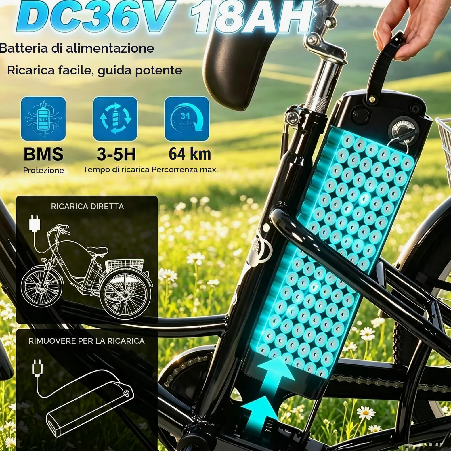 Triciclo elettrico per adulti M300,batteria rimovibile da 36 V e 18Ah | CE\EN15194,pneumatici antiscivolo e resistenti da 24 pollici,7 marce,triciclo da campeggio,triciclo da carico per anziani
