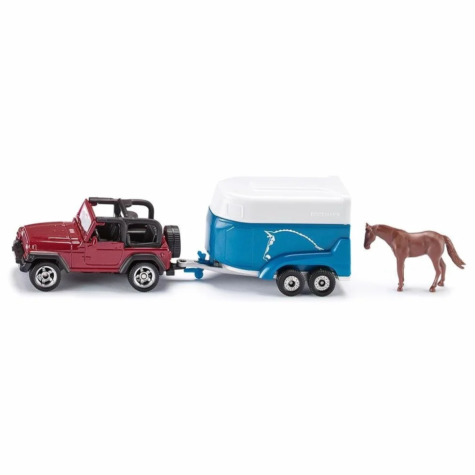siku 1651, Jeep con rimorchio per cavalli, Metallo e Plastica, Multicolor, Con 1 cavallo giocattolo, Sponda posteriore apribile