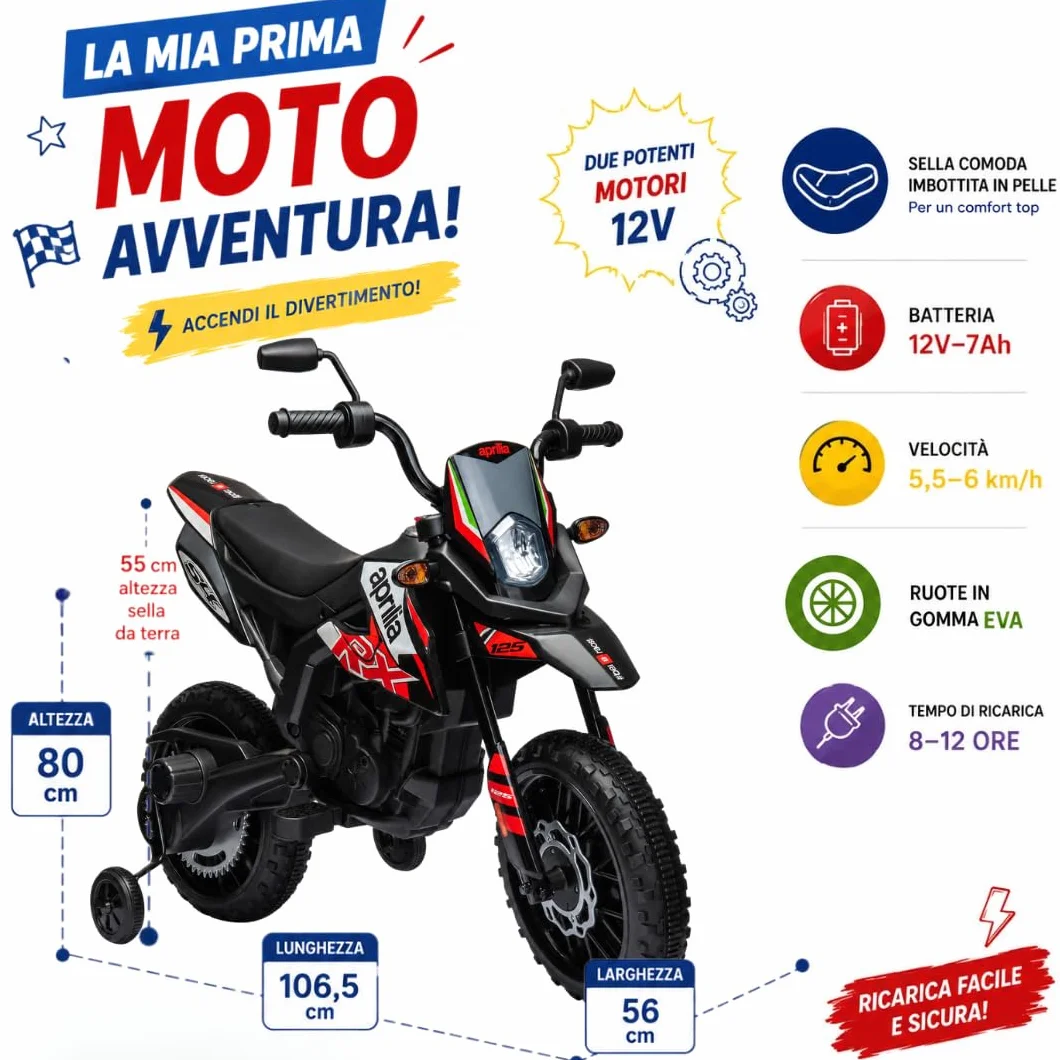 Moto Elettrica per bambini 12V Super Cross Aprilia RX125 con licenza ufficiale Moto da Cross con Ruote in Gomma Sedile in pelle Doppio Motore con Rotelle Luci e Suoni integrati (Rosso)