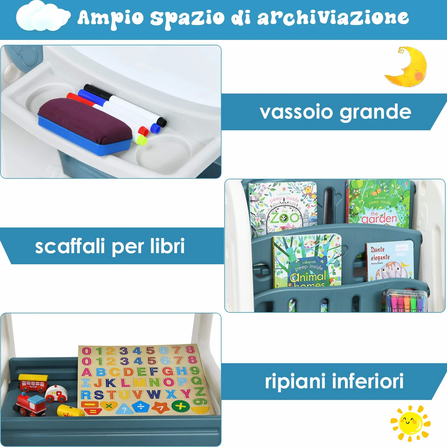 COSTWAY Lavagna Magnetica Bifacciale per Bambini, Altezza Regolabile, con Sedia e Accessori (Blu)