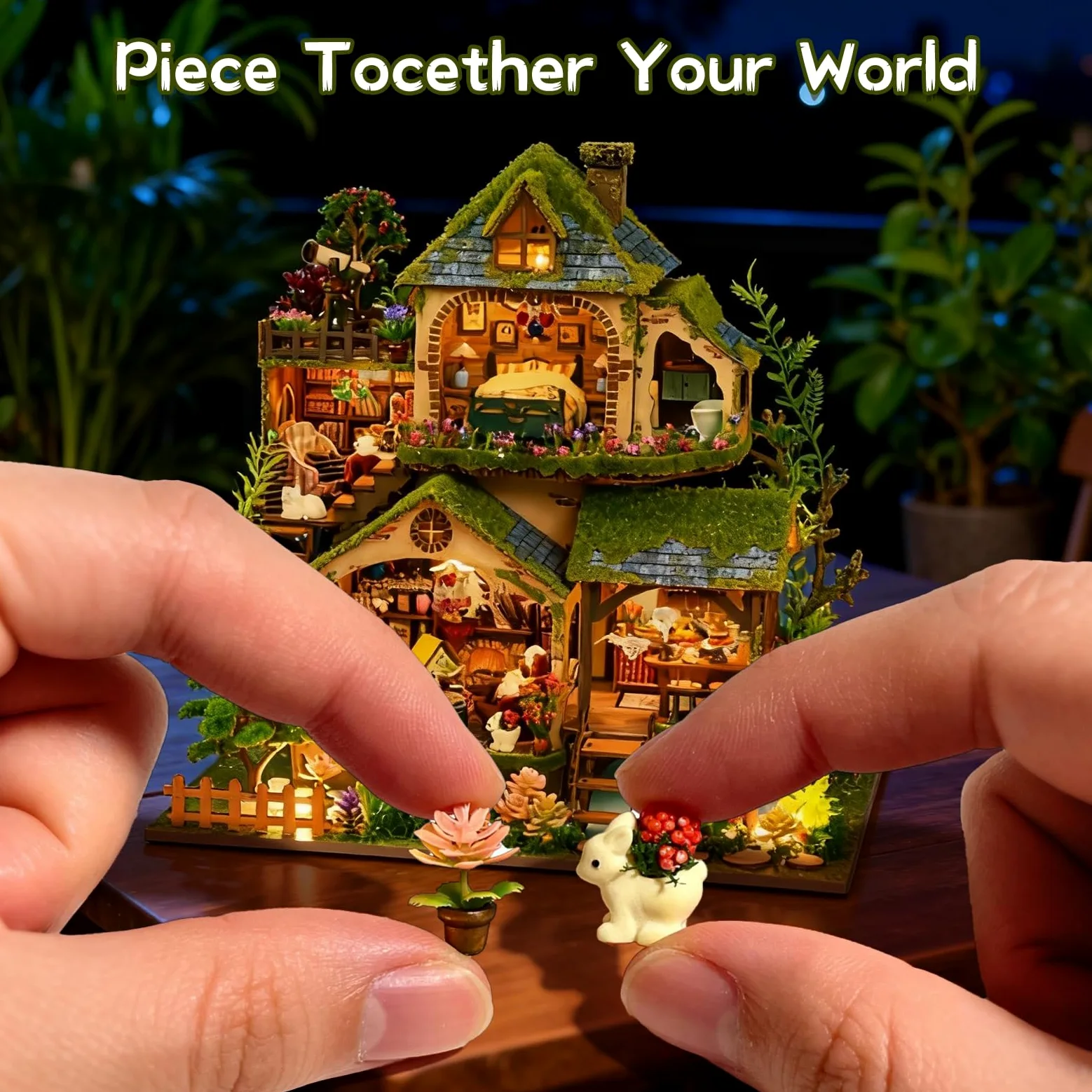 Kit fai da te in miniatura, kit per casa delle bambole vittoriana, puzzle 3D in legno per libreria, kit per la costruzione di mini case delle bambole per adulti e adolescenti (Cottage nella foresta)