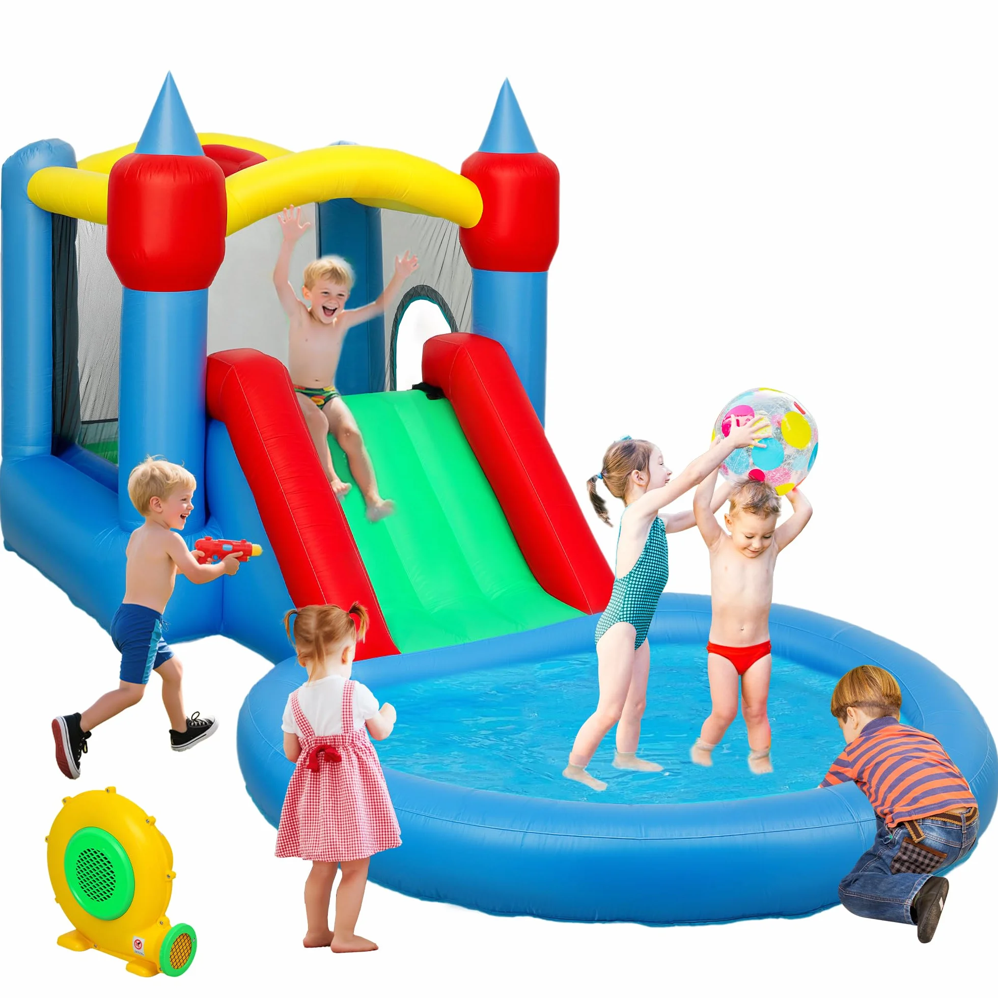AIYAPLAY Castello Gonfiabile per Bambini 4 in 1 con Scivolo, Trampolino, Piscina Palline, Canestro, Borsa da Trasporto e Soffiatore, per Interni ed Esterni, adatto a 3-8 Anni, 415x205x190 cm