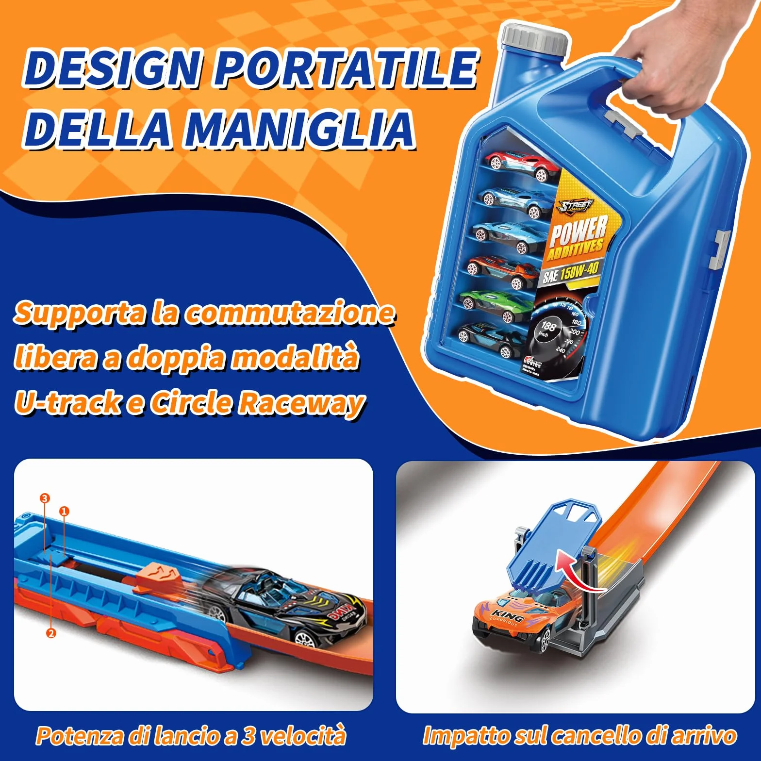 Charmofun Pista Macchinine 2 in1, Giocattolo Piste da Corsa con 6 Auto, Scatola Immagazzinaggio, Piste Macchinine per Bambini con Anello e Binari a U, Portatile Pista per Bambini 3+ Anni (Blu)