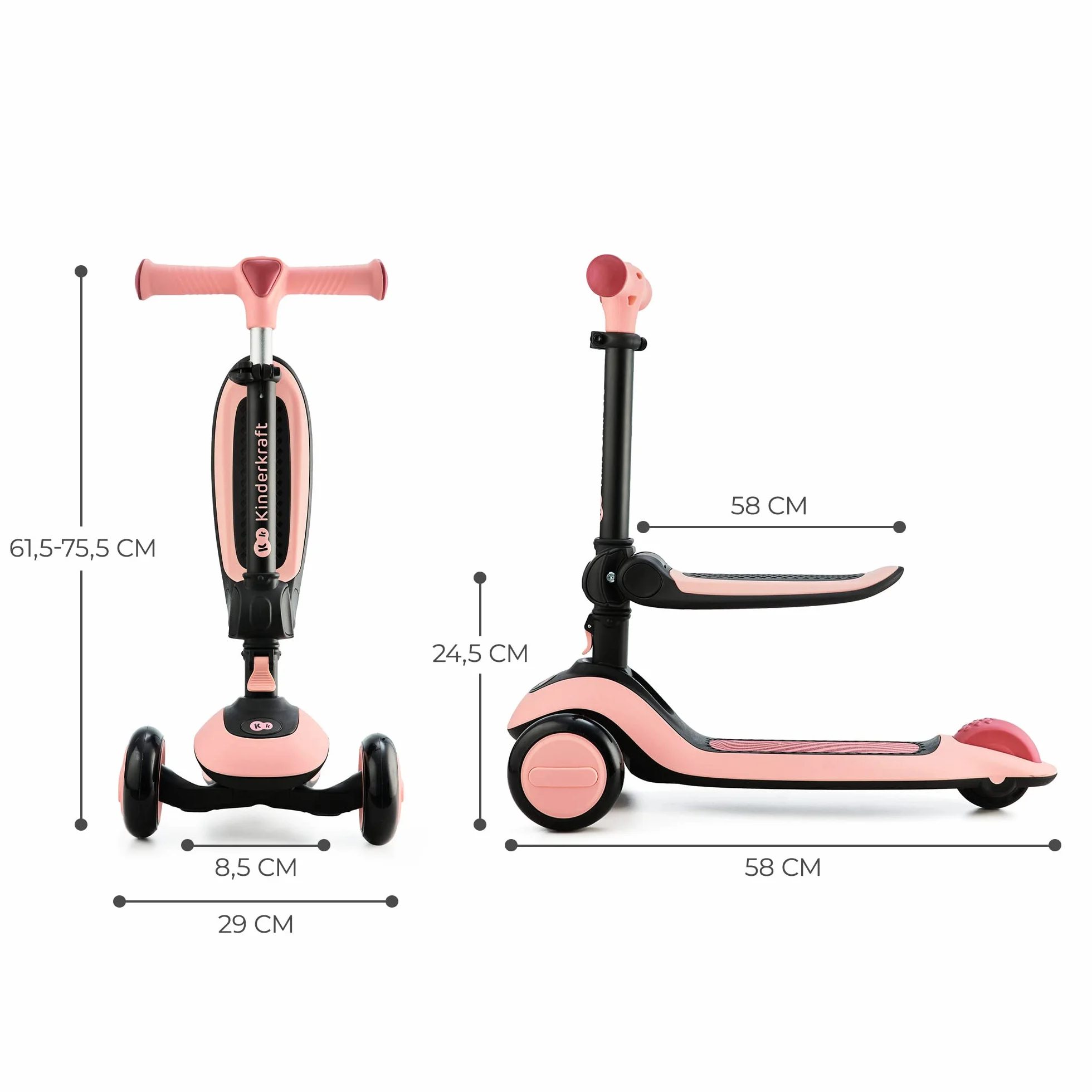 Kinderkraft HALLEY 2 in 1 Bicicletta Senza Pedali e Monopattino con Ruote LED, Rosa