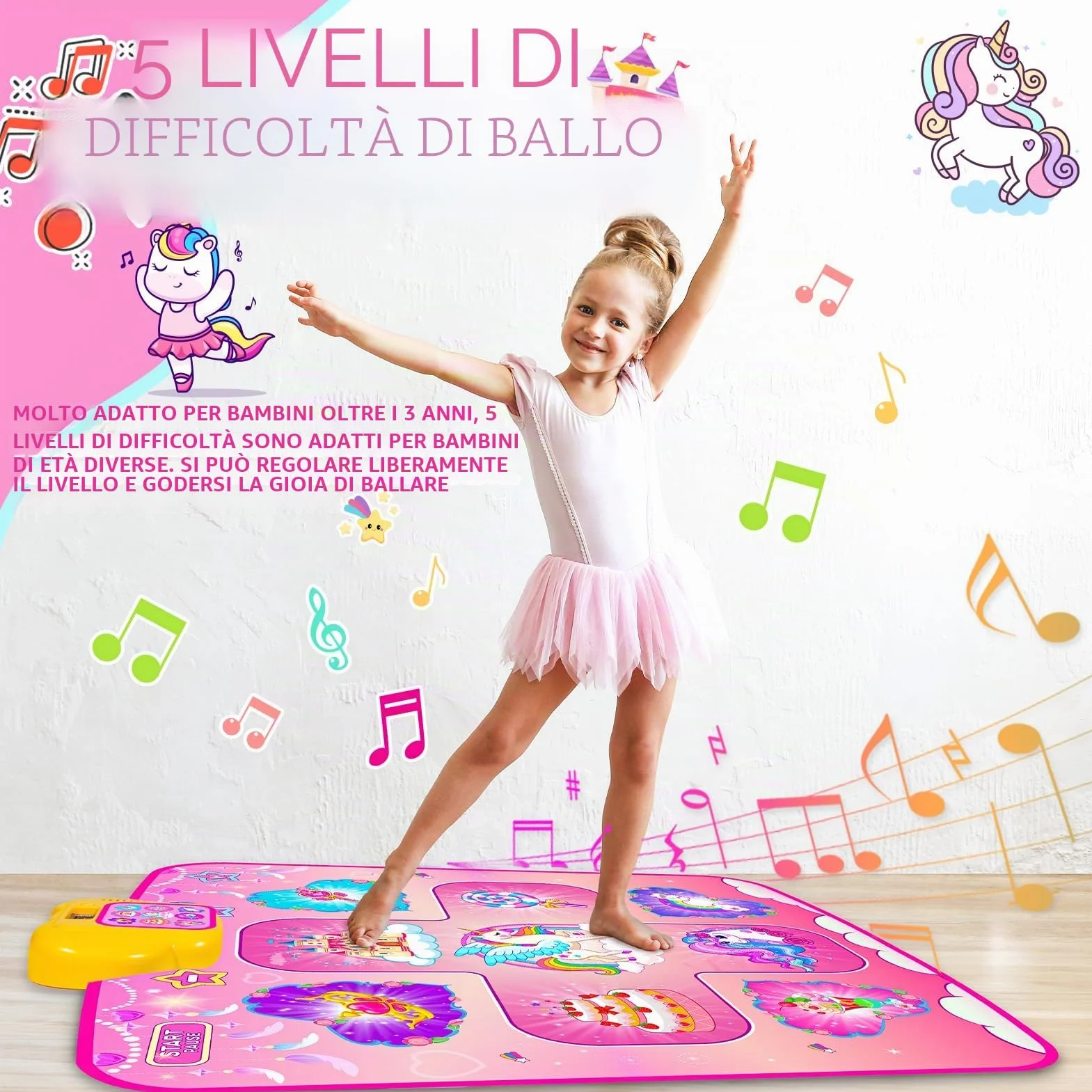 Tappetino da Ballo Unicorno per Bambine 2-6 Anni, Giocattolo Danza 5 Livelli, Regalo Compleanno Natale