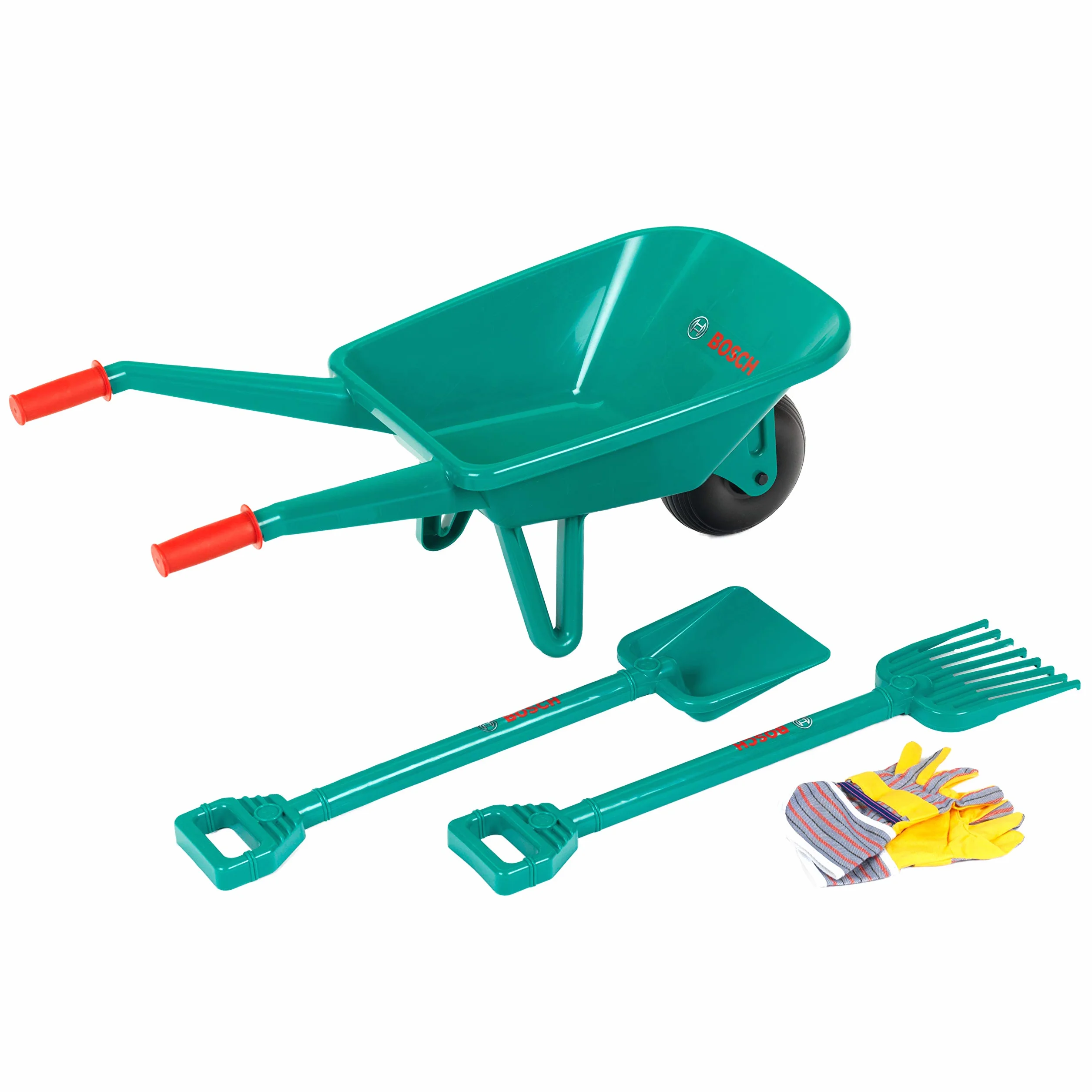Theo Klein Bosch 2660 - Set da giardino con carriola, con pala, rastrello e guanti da lavoro, dimensioni: 70,5 cm x 34 cm x 33 cm, giocattolo per bambini dai 3 anni in su