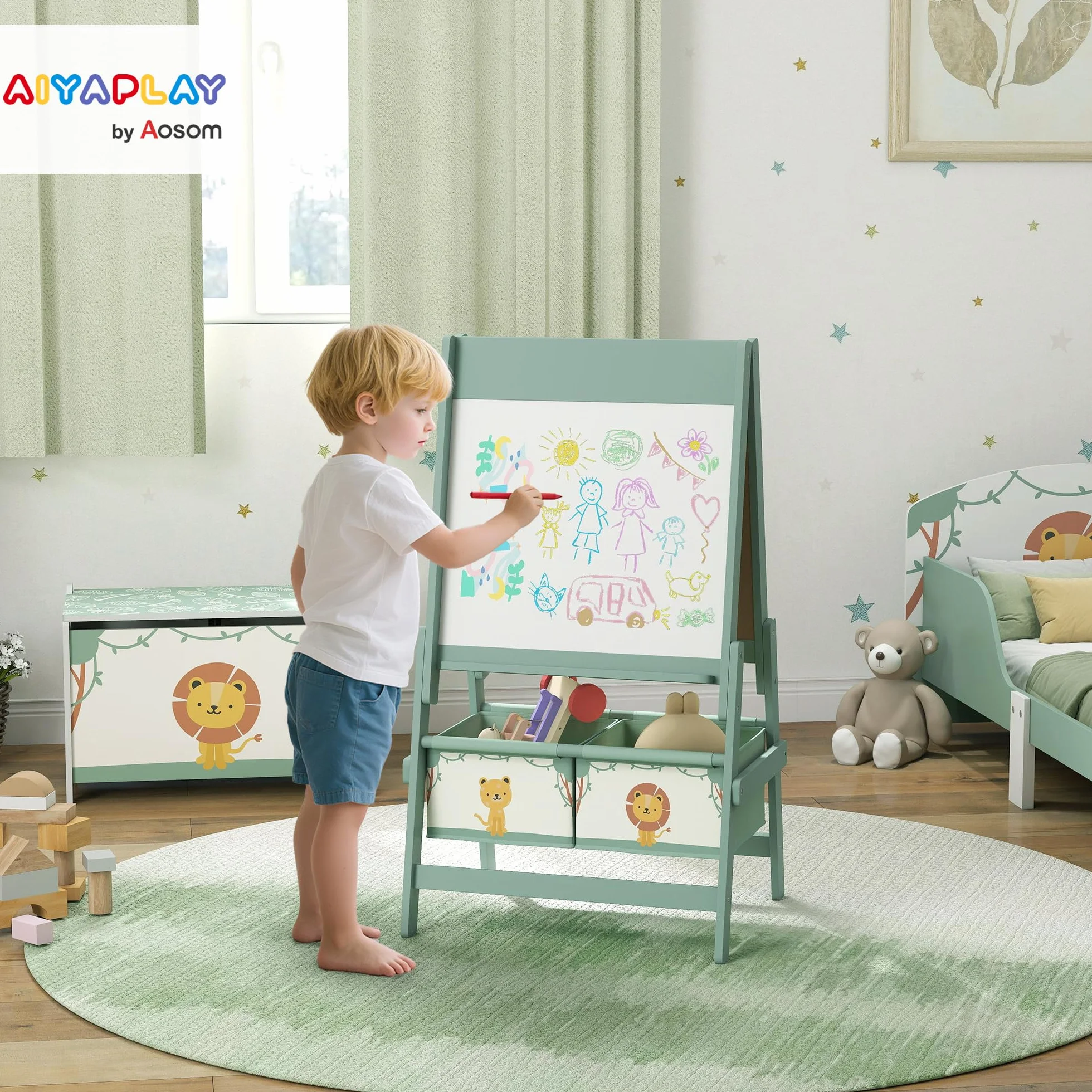 AIYAPLAY Lavagna per Bambini 3 in 1 con Rotolo di Carta e Cestelli Portaoggetti, Cavalletto in Legno di Pino e MDF, 54x46x94 cm, Verde