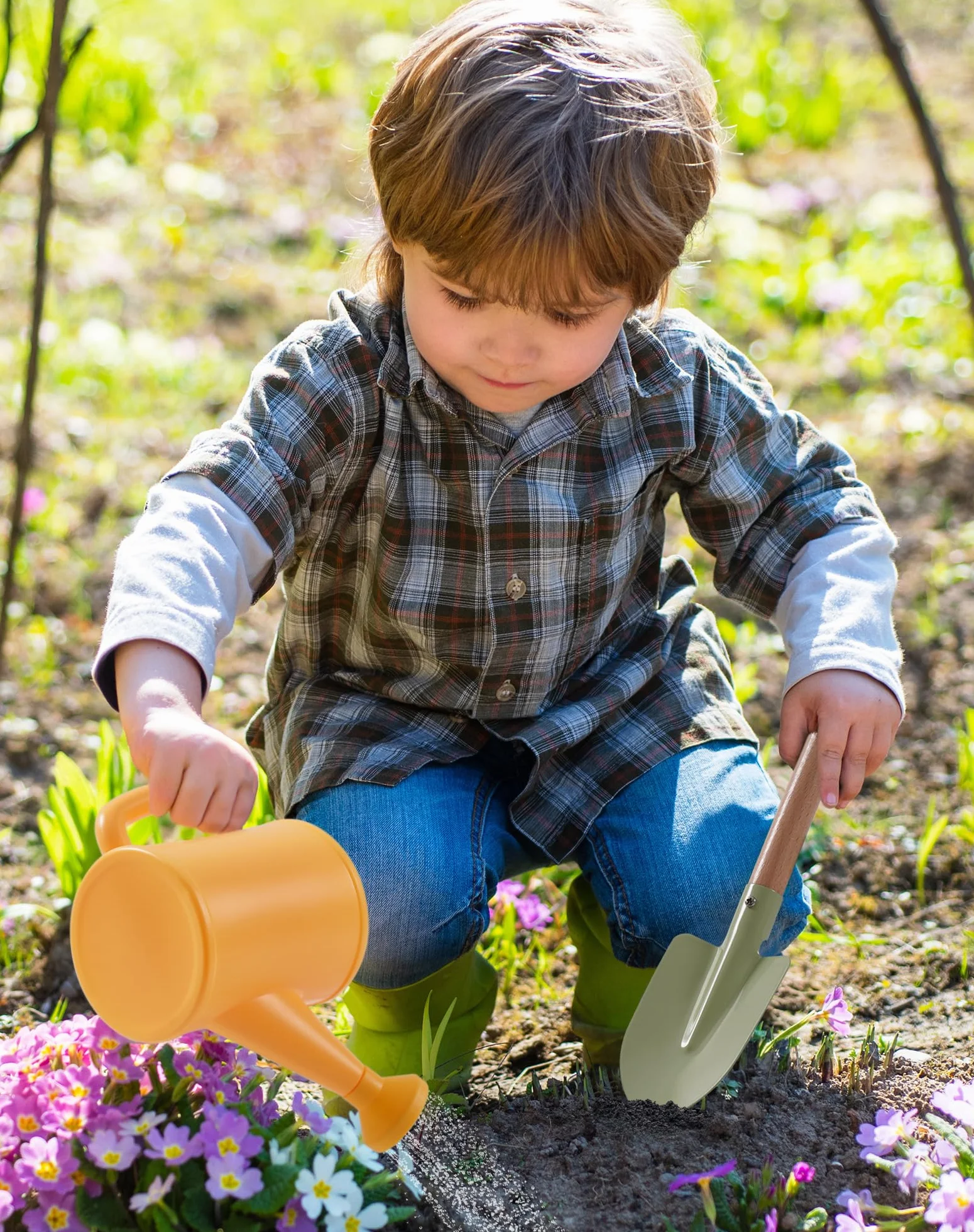 ROBOTIME Set di attrezzi da giardinaggio per bambini, 18 pezzi, kit di attrezzi da giardino per bambini con annaffiatoio, guanti, grembiule e cappelli, borsa degli attrezzi e set di metallo, regalo
