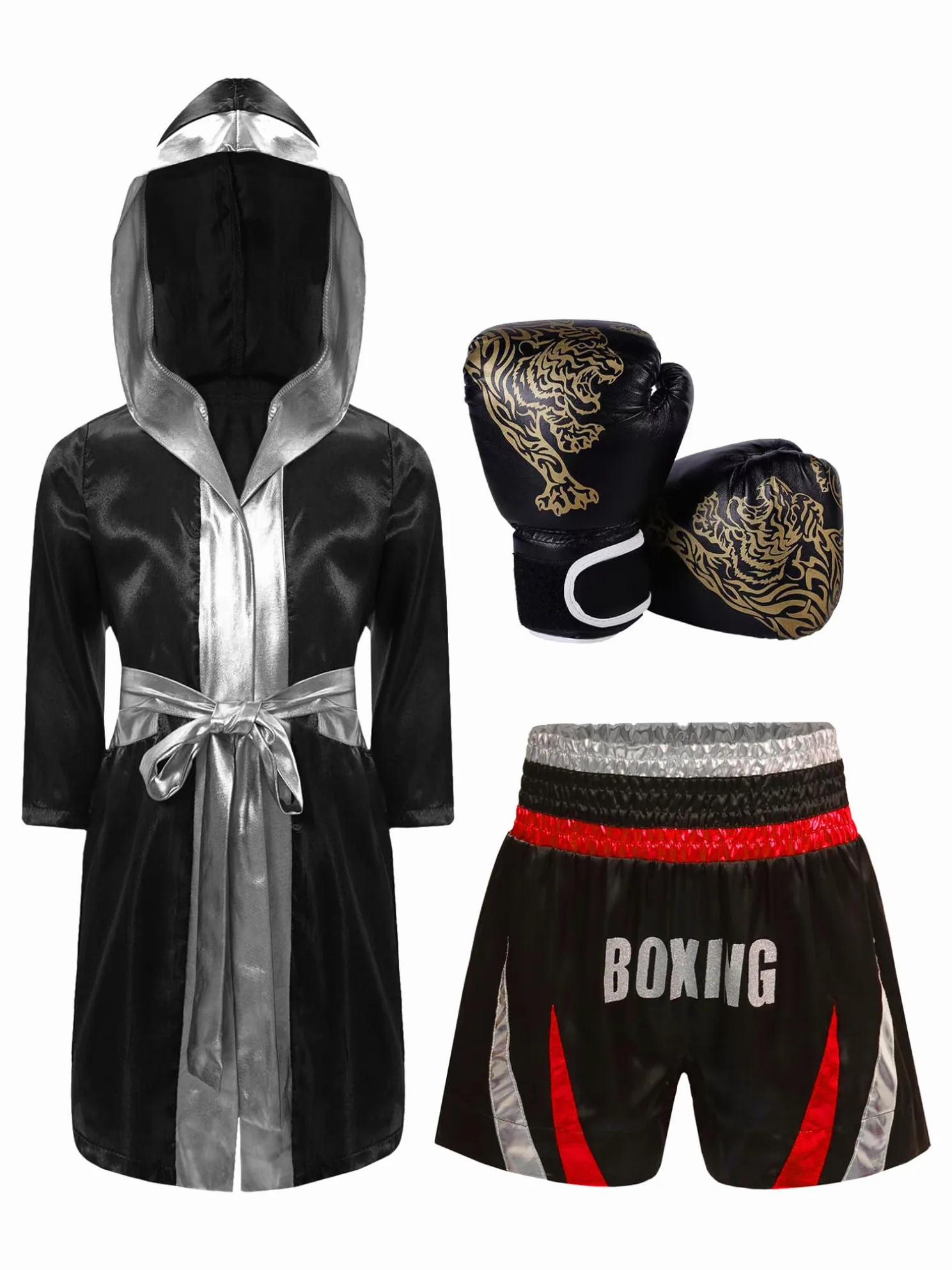 renvena Accappatoio Boxe per Bambini Adulti Pantaloncini Muay Thai Kick Boxing per Arti Marziali MMA + Guantoni da Boxe Accessorio per Costume Sportivo