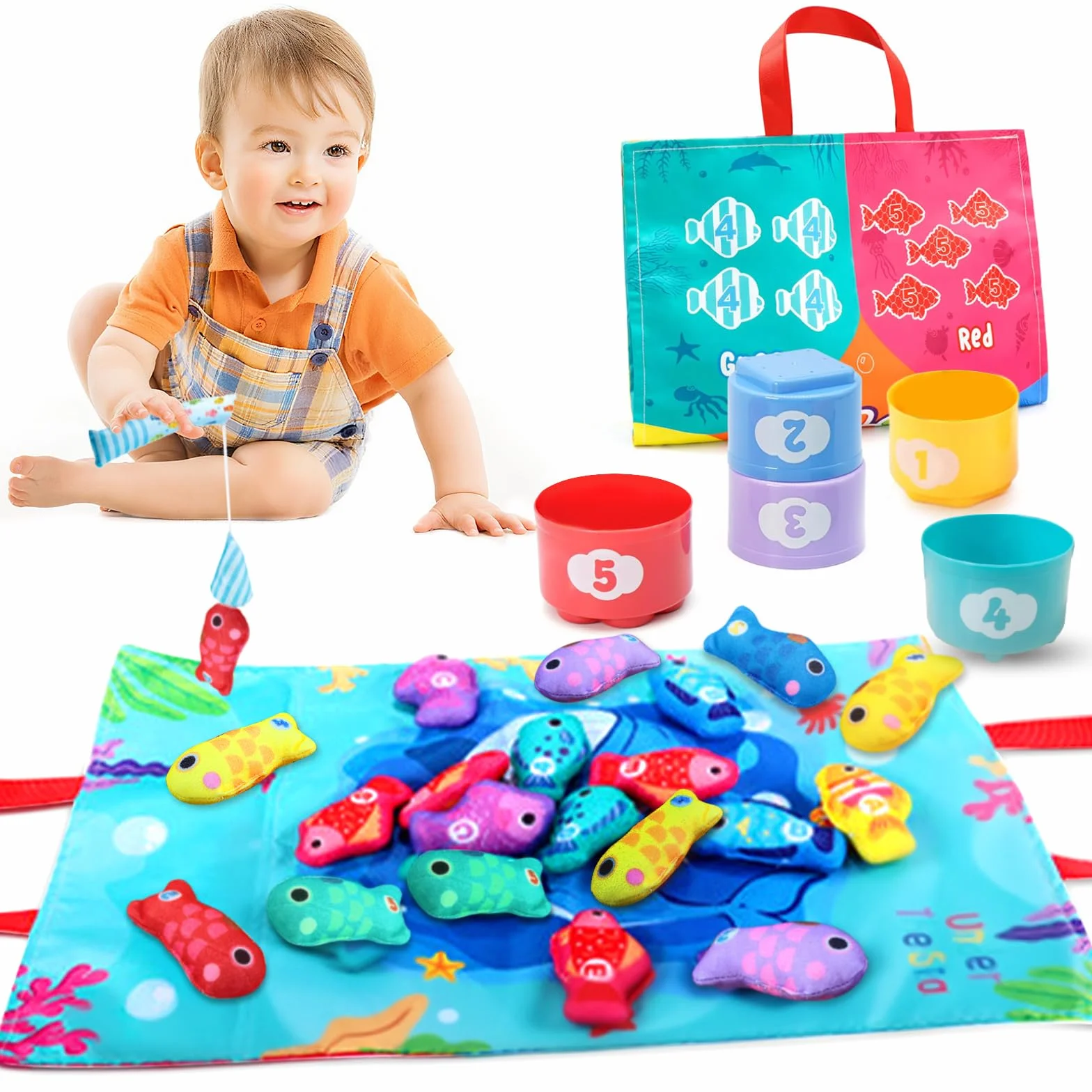 Giochi Montessori 1 Anno, Gioco Pesca Bambini in Tessuto con 15 Pesce e 5 Secchi Impilabili Colorato Giocattolo Educativo Gioco Montessori Pesca Morbidi Regali per Bambini Bambina 1 2 Anni