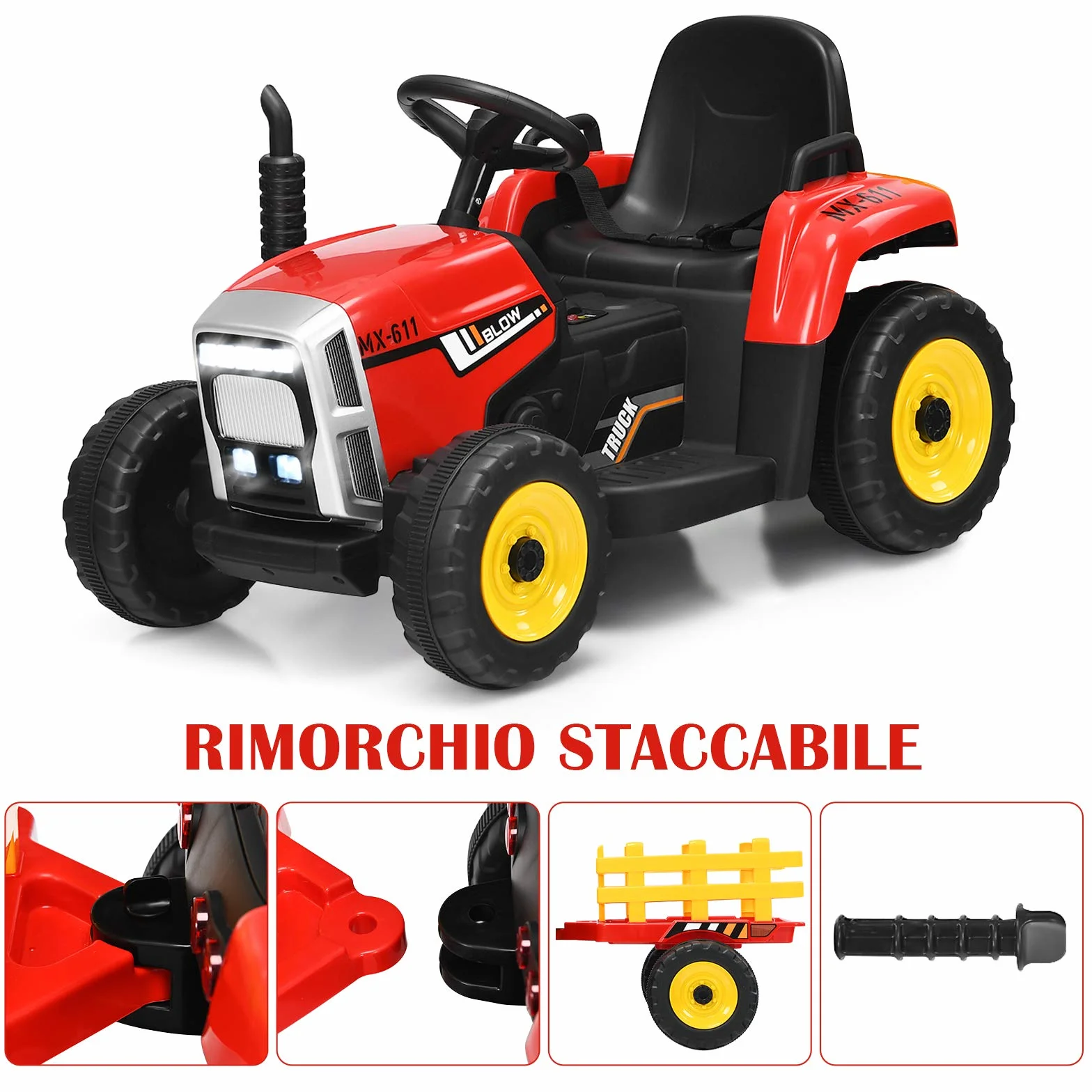 COSTWAY Trattore con Rimorchio Cavalcabile per Bambini 12V, Trattore Elettrico Telecomandato, con Luci e Suoni, 30kg, 3+ Anni (Rosso)