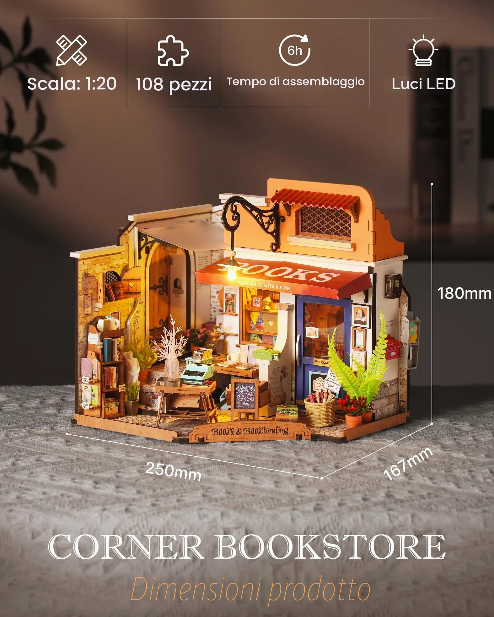 Rolife Casa delle Bambole Libreria ad Angolo con Luci LED Kit Casa in Miniatura Fai da Te Casa delle Bambole Kit con Mobili Modello in Legno 3D Puzzle Regalo di Natale per Bambini e Adulti